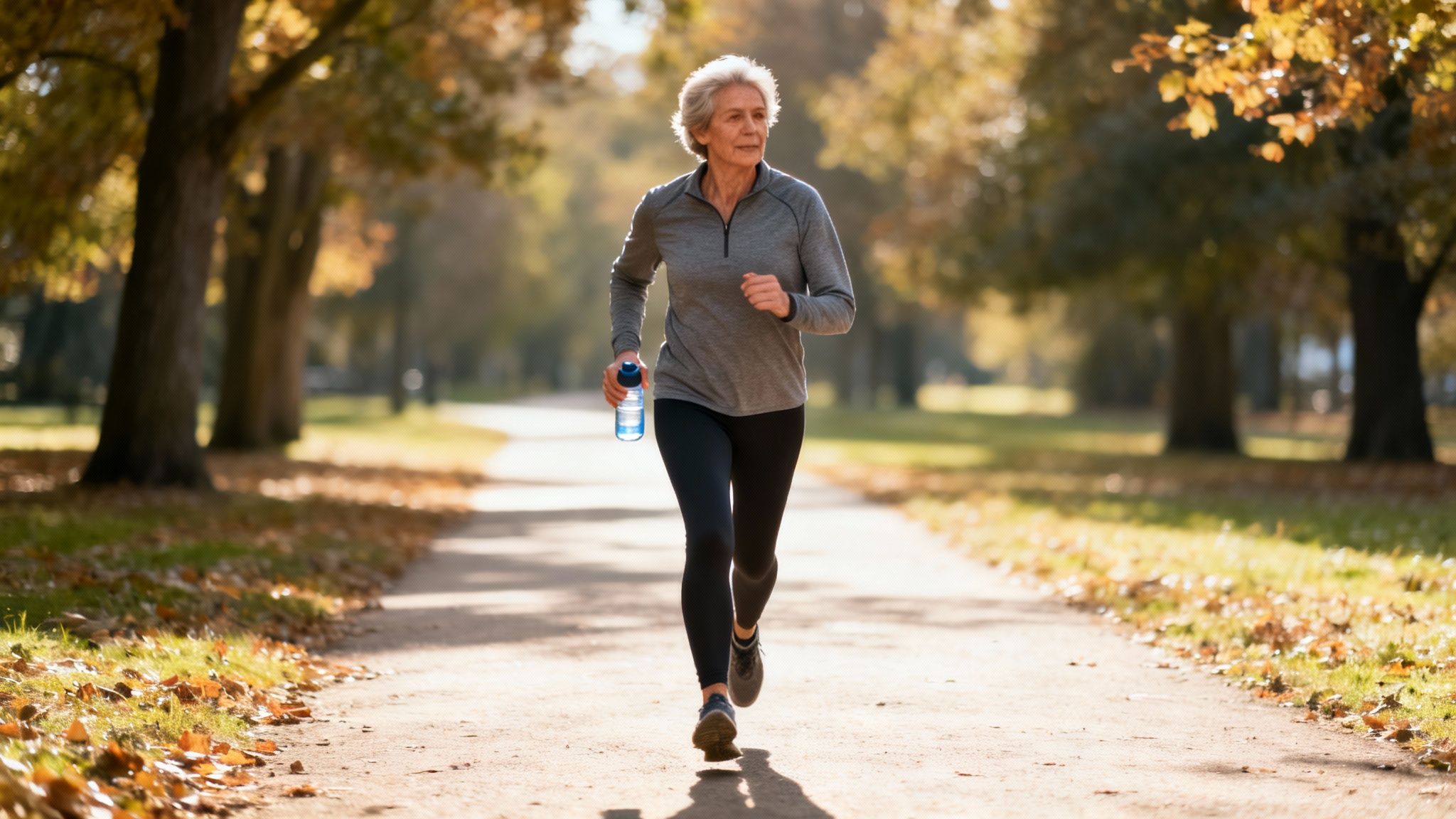 An active senior woman jogs along a sunny autumn park path, holding a water bottle.