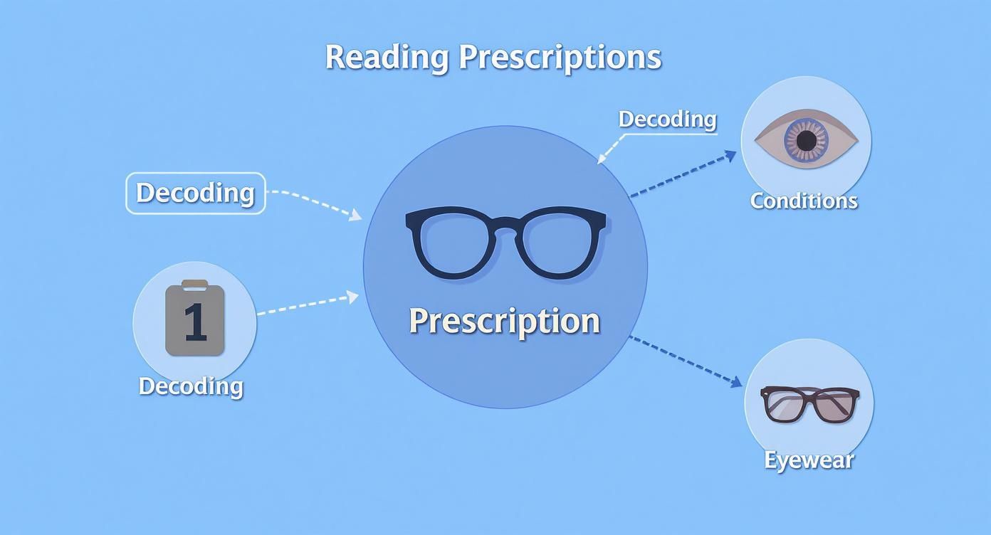 Diagram showing decoding eye prescriptions to understand conditions and determine suitable eyewear.
