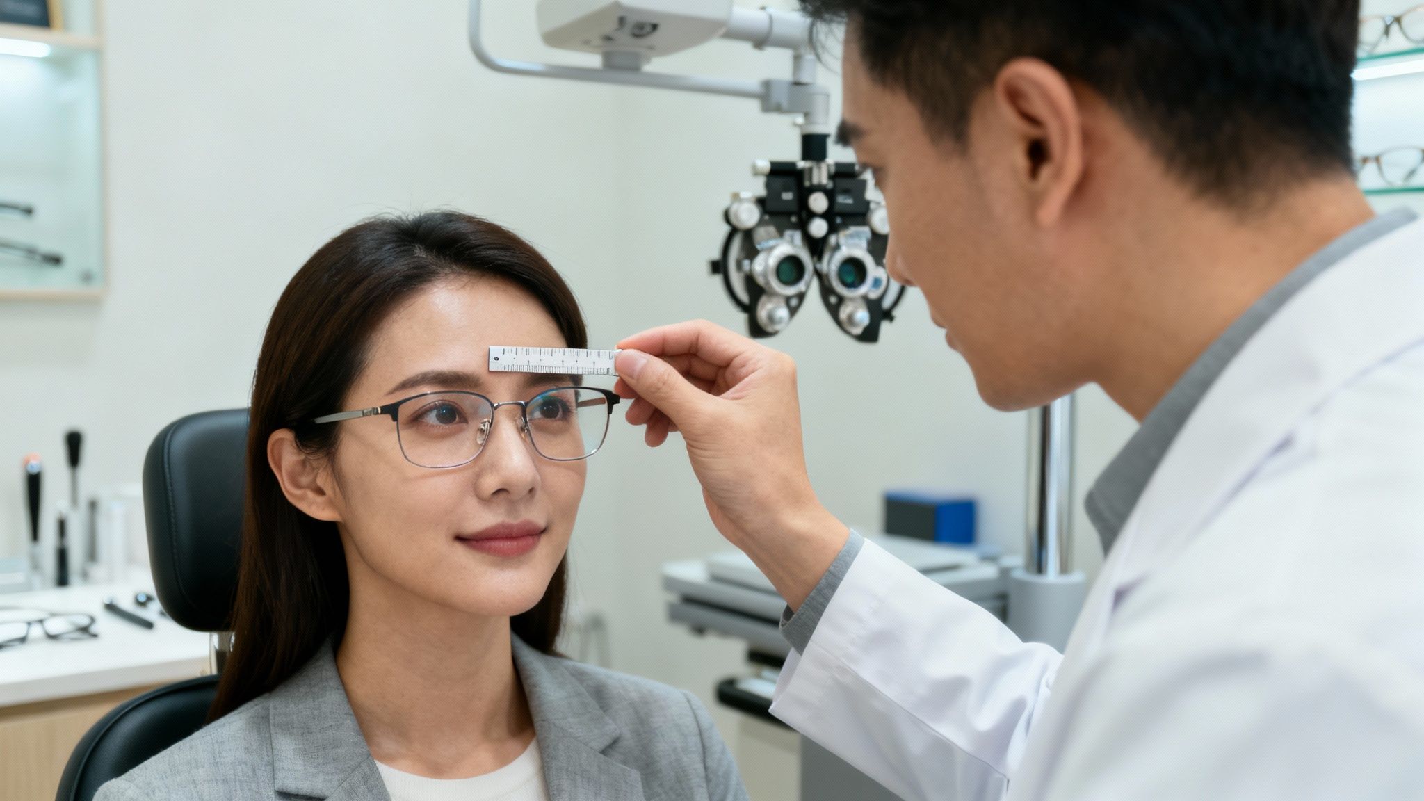 An optician carefully adjusting a pair of designer eyeglasses on a customer.