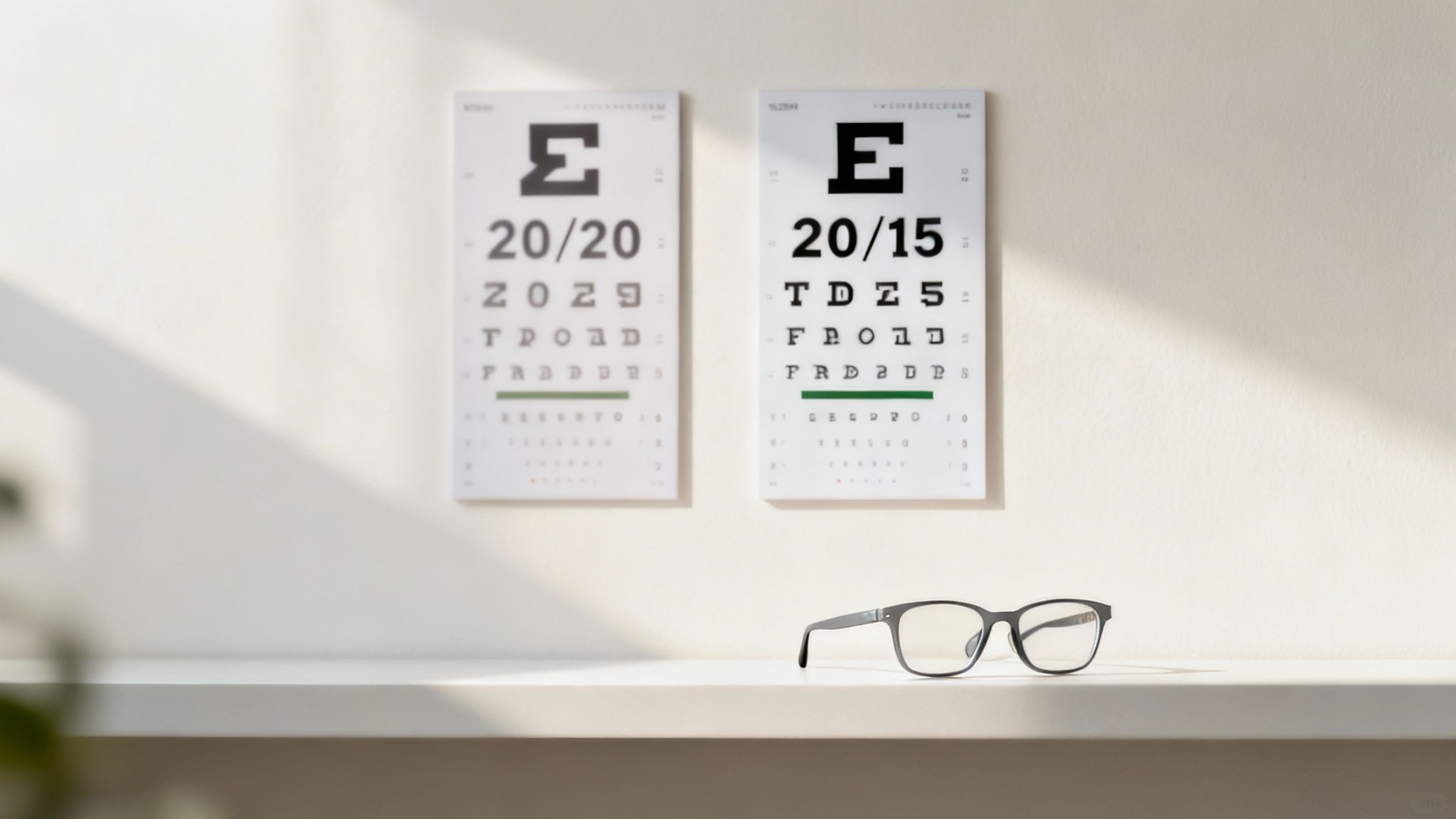 Woman having her vision tested with an eye chart during an eye exam