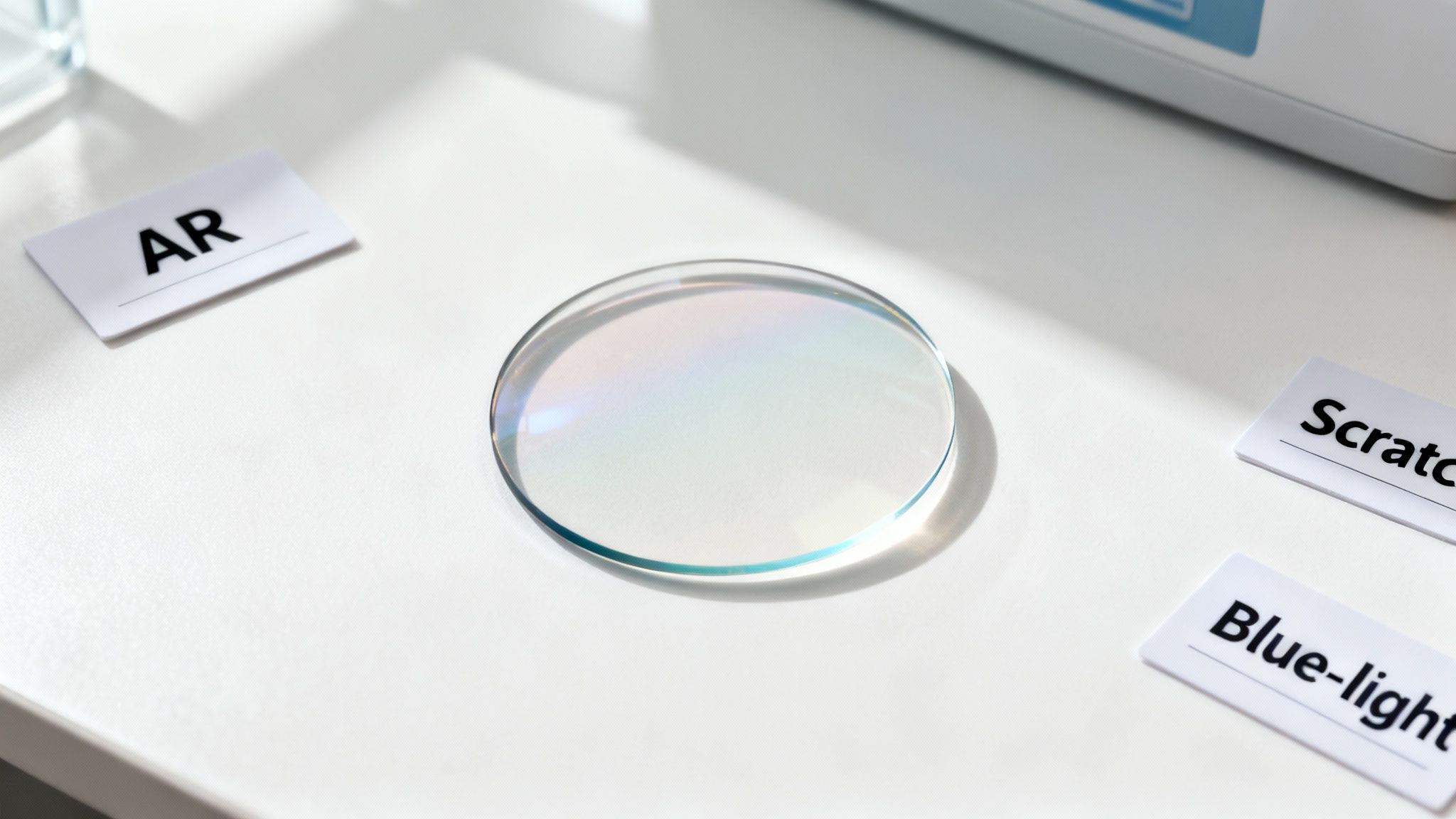 A close-up of an eyeglass lens showing the subtle, colorful sheen of an anti-reflective coating.