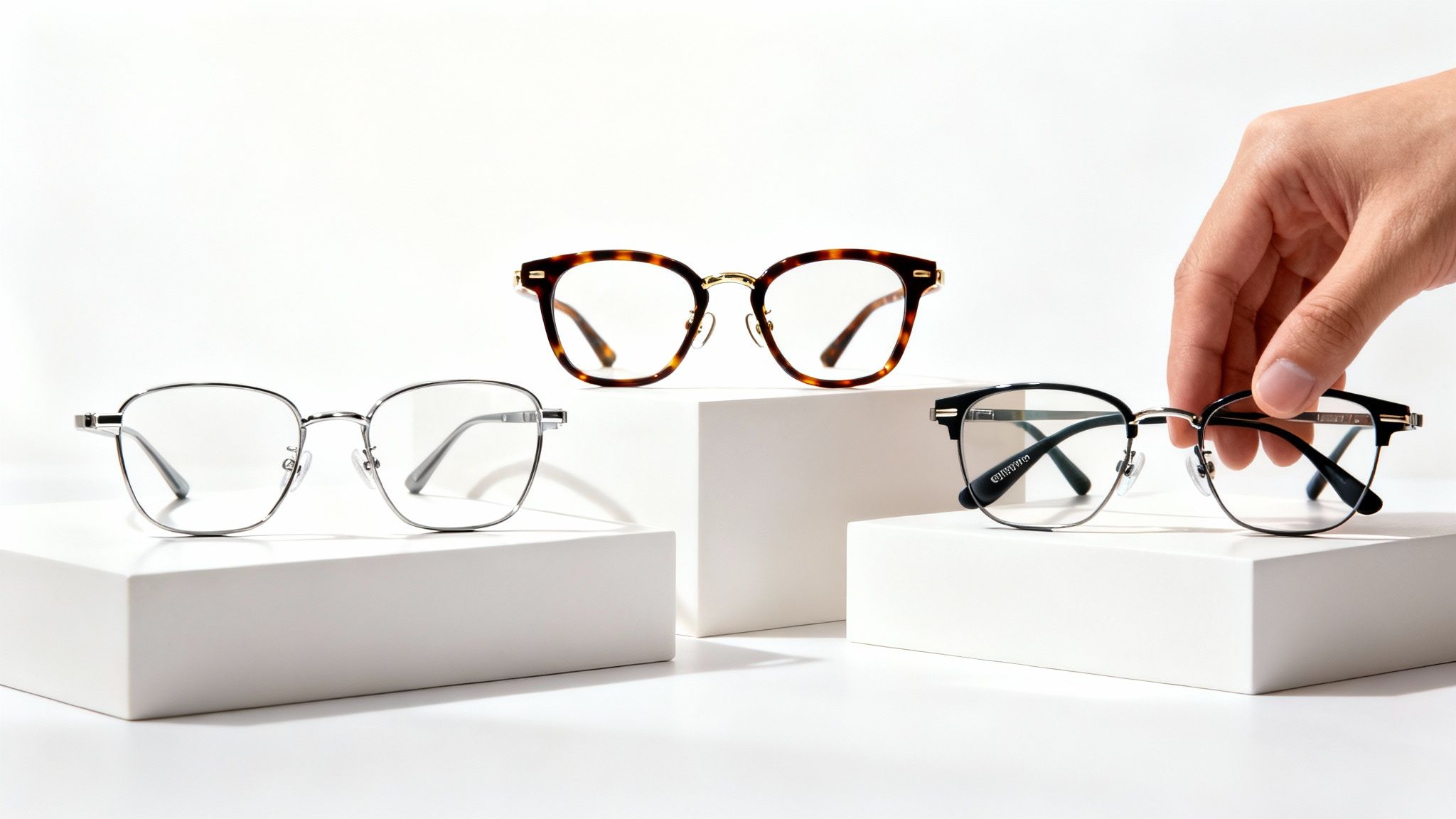 Three pairs of eyeglasses with metal frames displayed on white pedestals with hand reaching