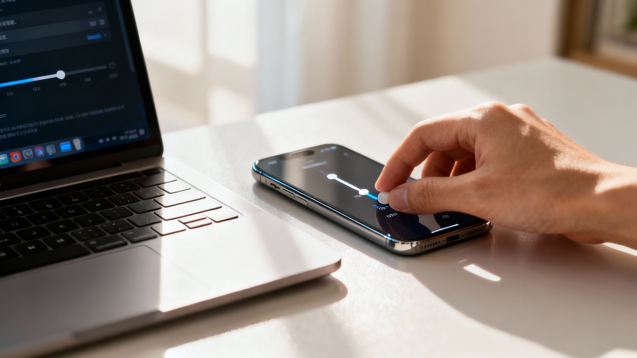 A person adjusting the brightness and night light settings on a smartphone to reduce screen glare.