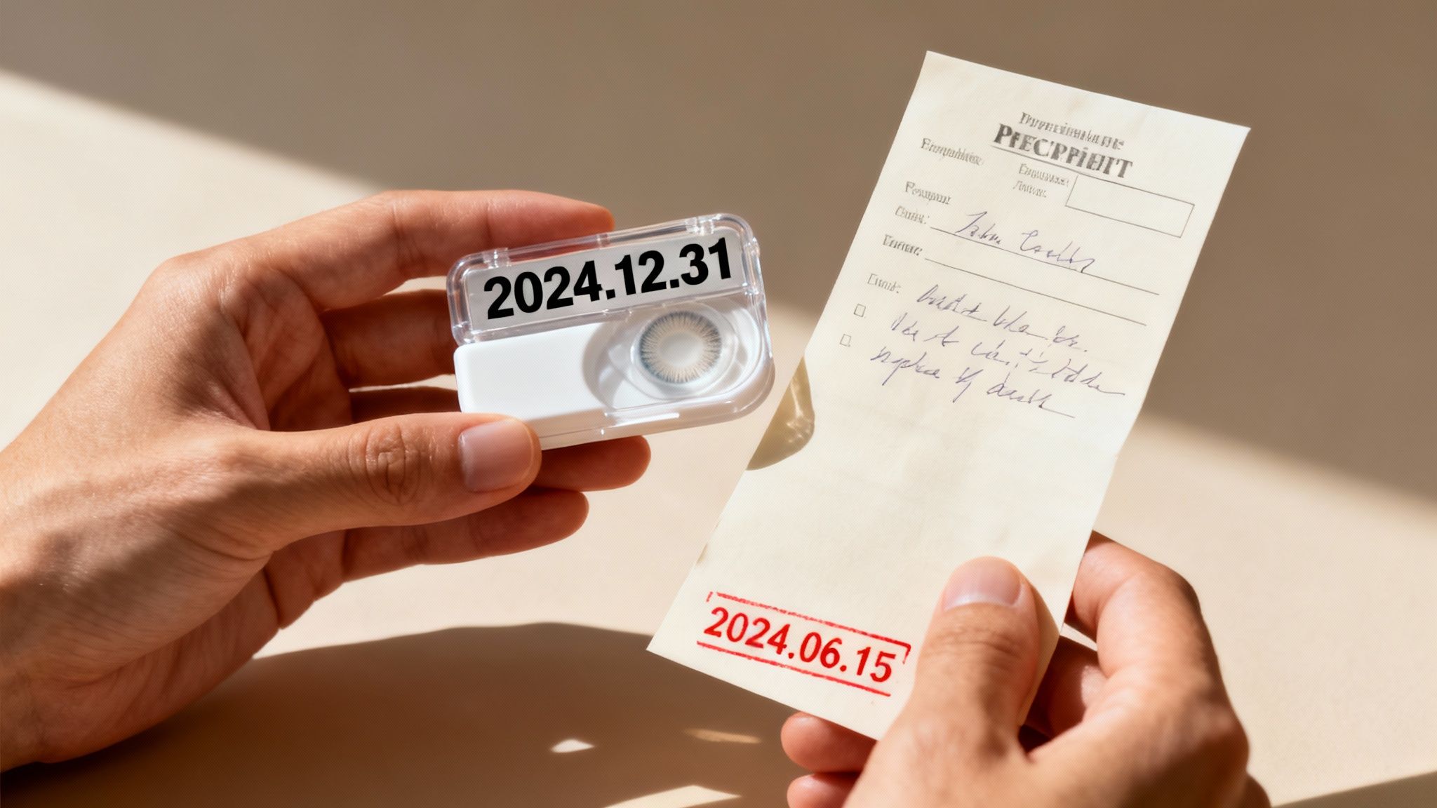 A calendar page next to a contact lens box, symbolizing two different expiration dates.