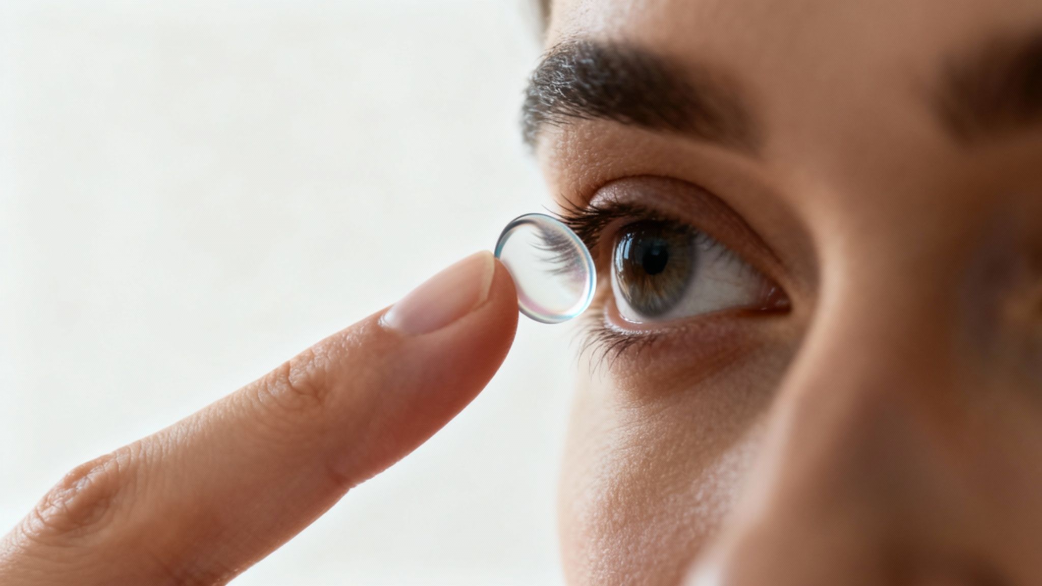 A person demonstrating the rolling method to remove a contact lens by looking to the side.