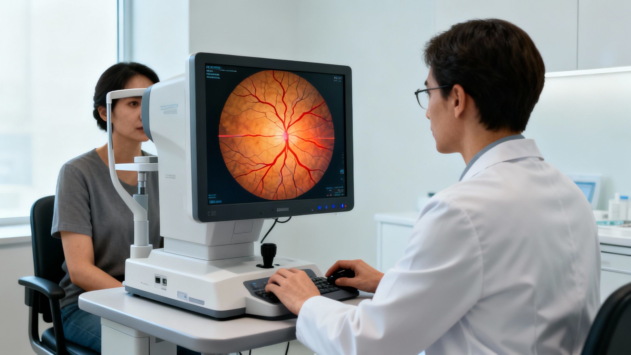 A doctor performs an eye exam on a patient using an ophthalmic machine displaying a retina image.