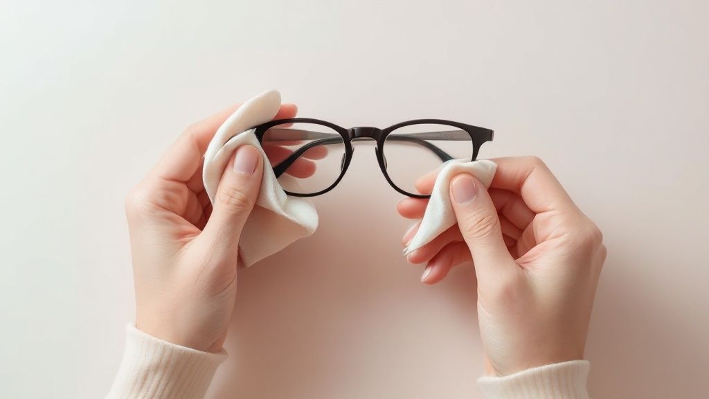A person working on a laptop, with their glasses clearly visible and free from glare.