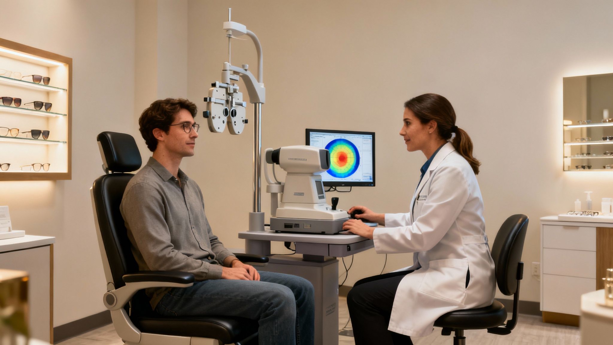 An optometrist performs an eye exam on a male patient using advanced equipment in a modern clinic.