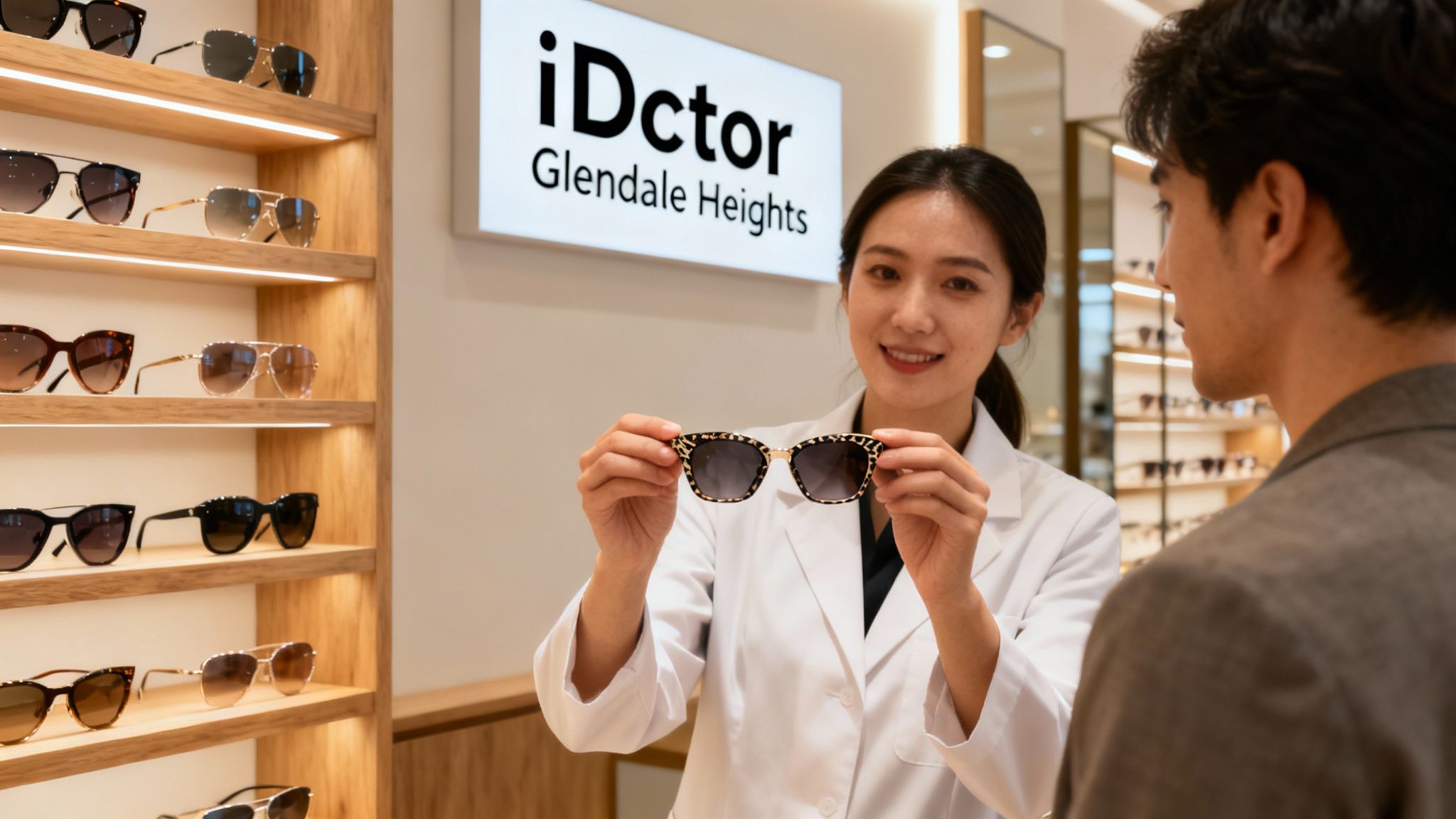 A person smiling while trying on a pair of stylish sunglasses inside the iDoctor boutique.