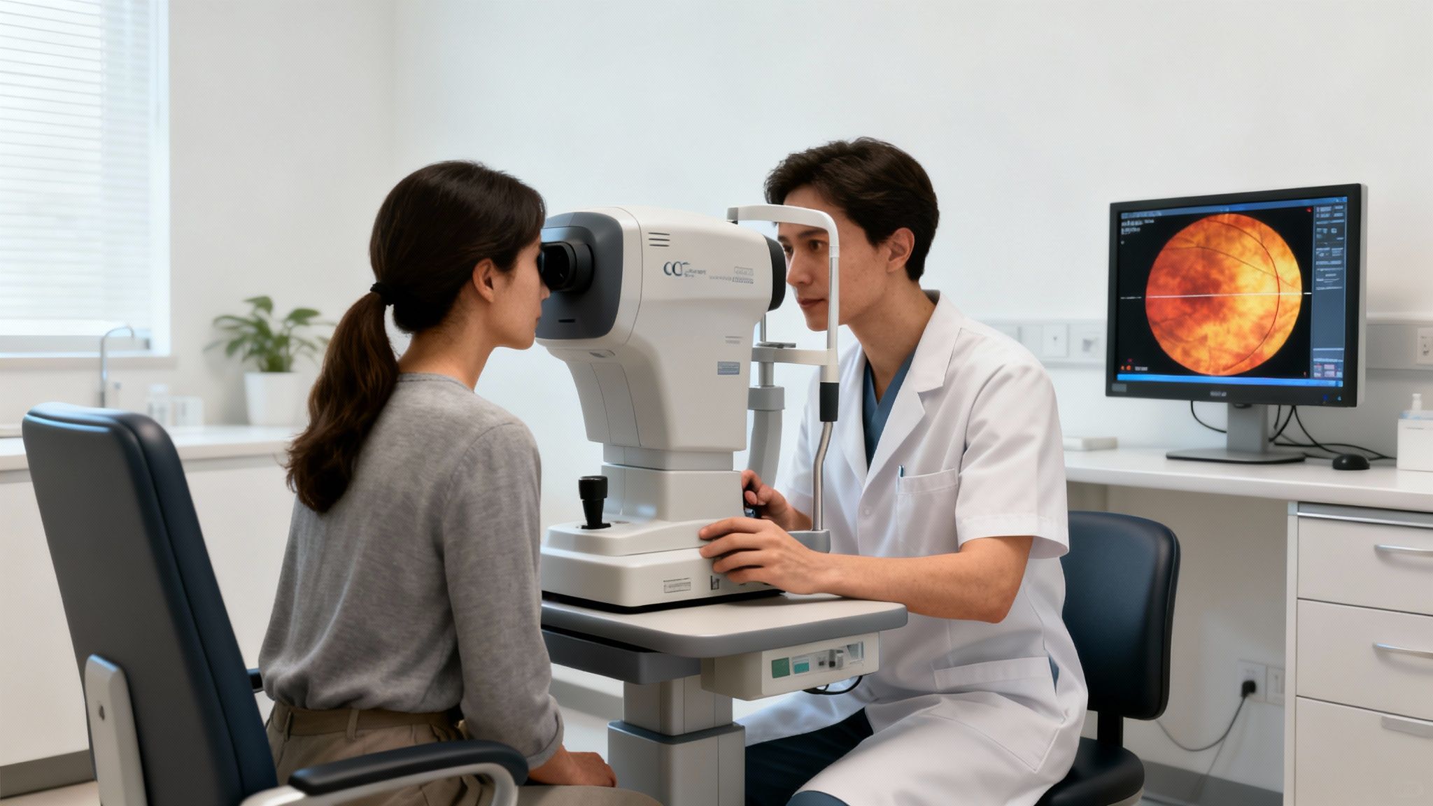 Ophthalmologist examining a patient's eye with a diagnostic machine, a retina image on screen.