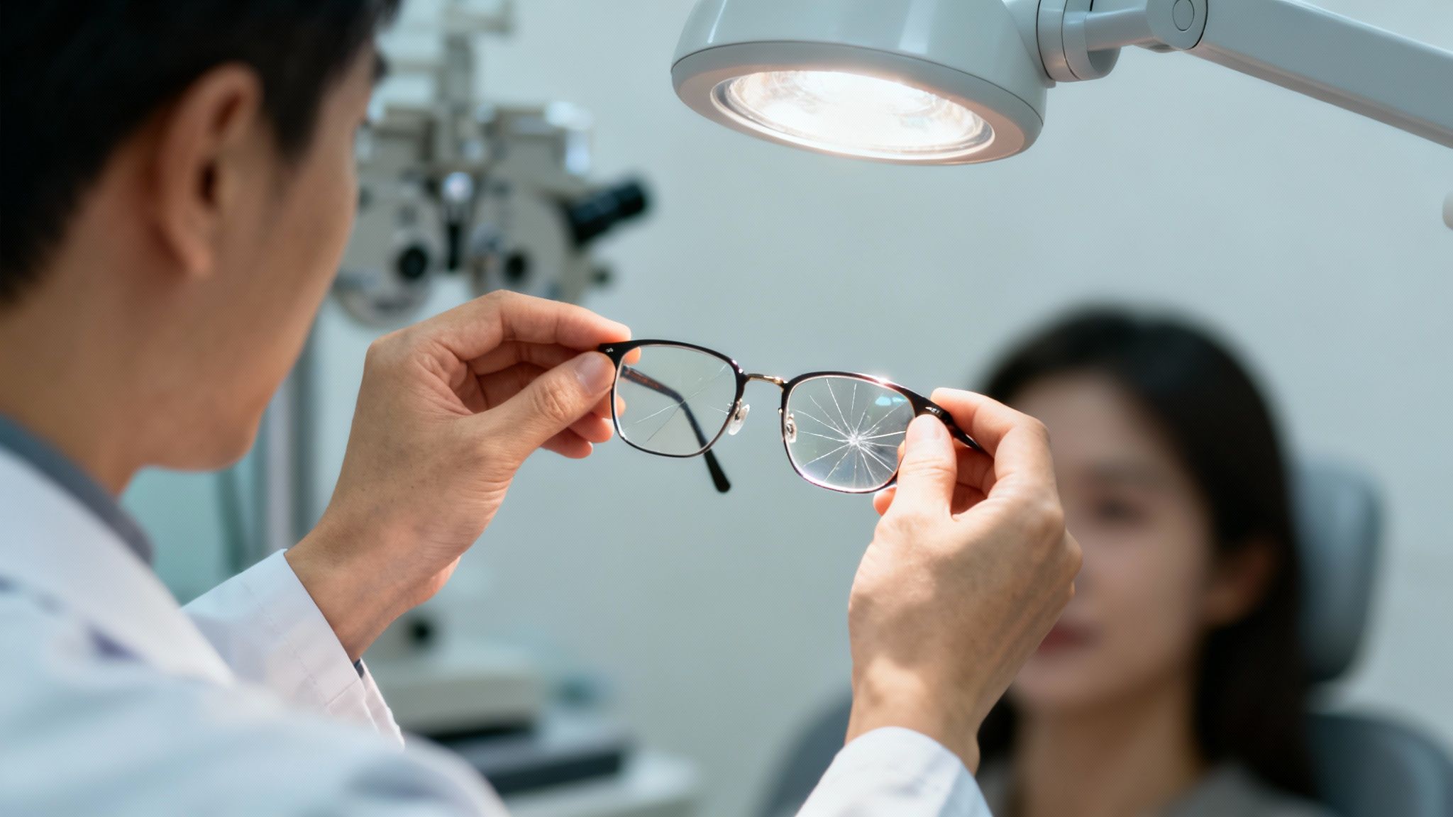 Optometrist examining broken eyeglasses with a cracked lens while a patient waits for a new pair.