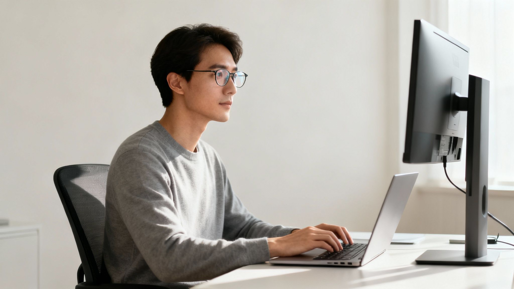 A person working on a laptop while wearing stylish progressive glasses.