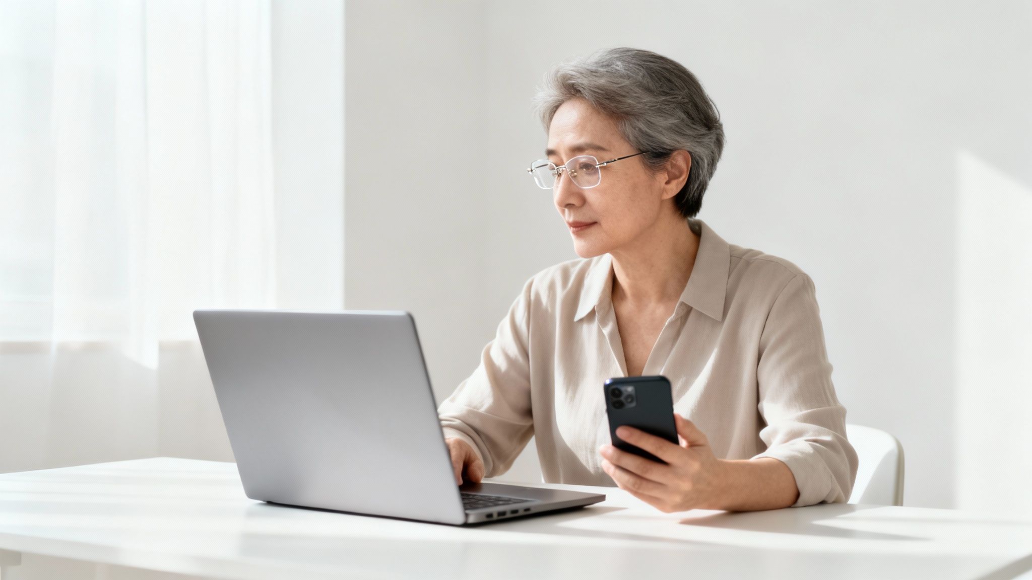 A woman smiling as she adjusts her stylish new eyeglasses, demonstrating the adaptation process for progressive lenses.