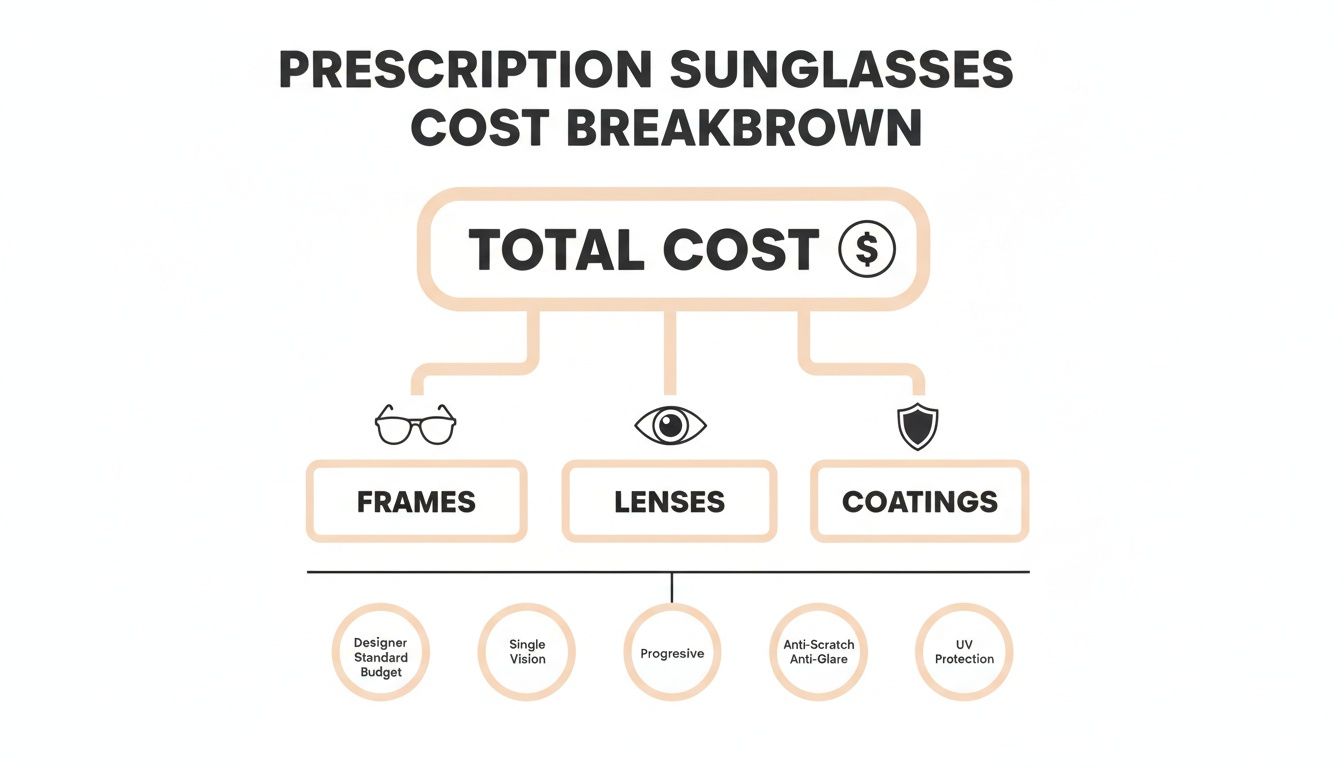 A flowchart detailing prescription sunglasses cost breakdown, including frames, lenses, and coatings options.
