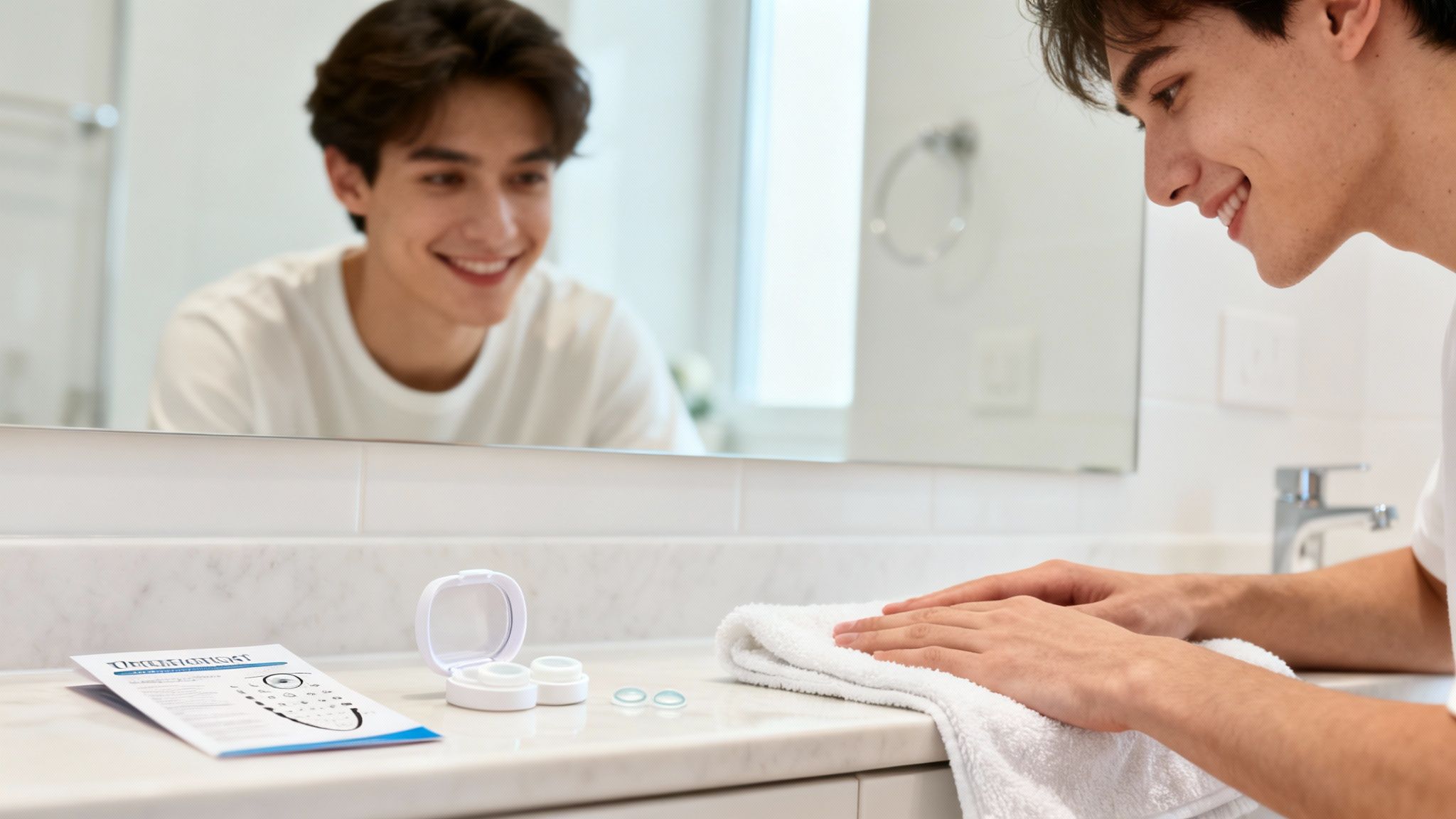 A smiling young man in a bathroom, with contact lenses and instructions on the counter, preparing to put them in.