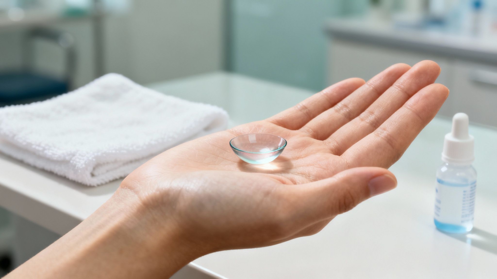 A person carefully placing a contact lens on their fingertip, ready for insertion.