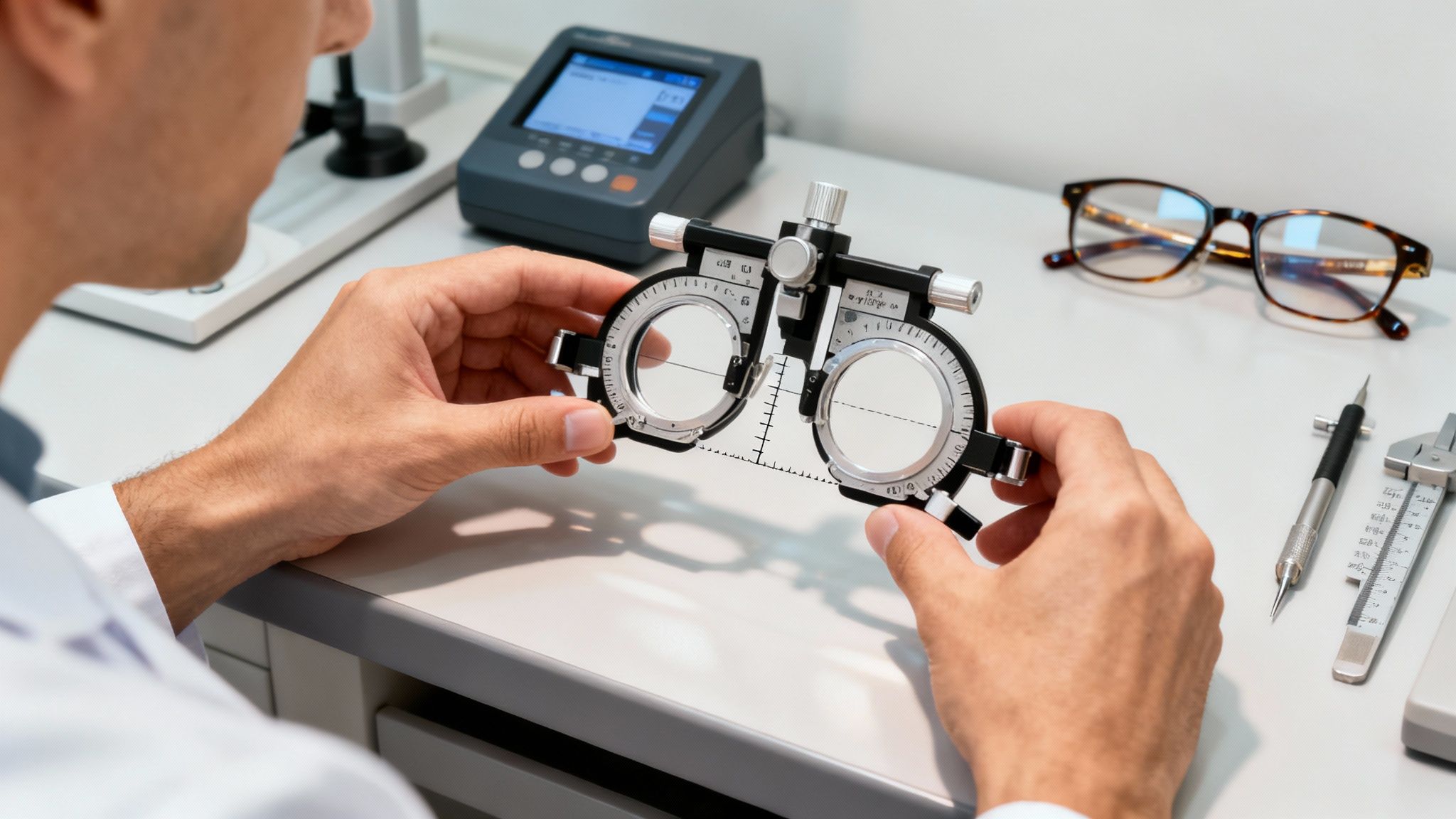 An optometrist expertly fitting a pair of designer eyeglasses on a patient