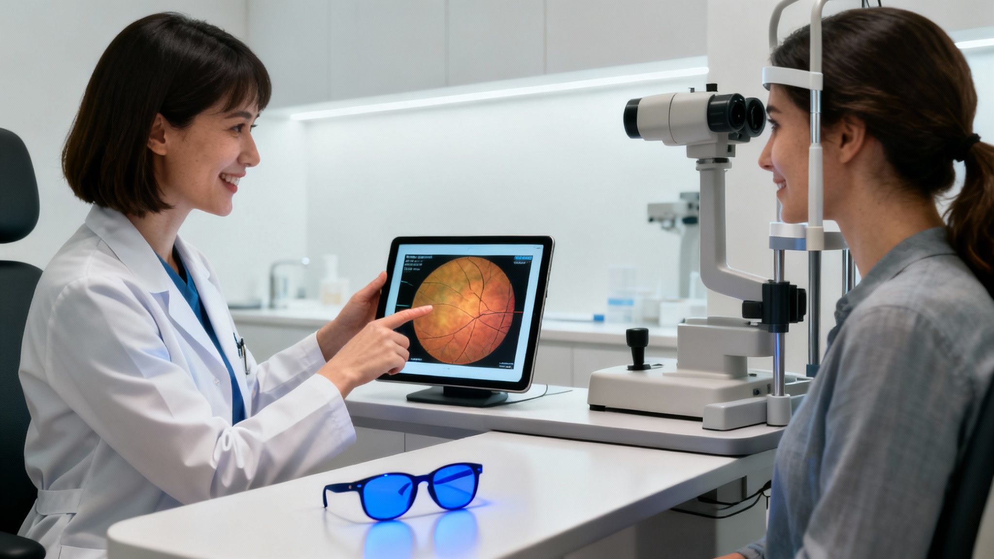 A friendly optometrist helping a patient choose eyeglass frames in a modern boutique.