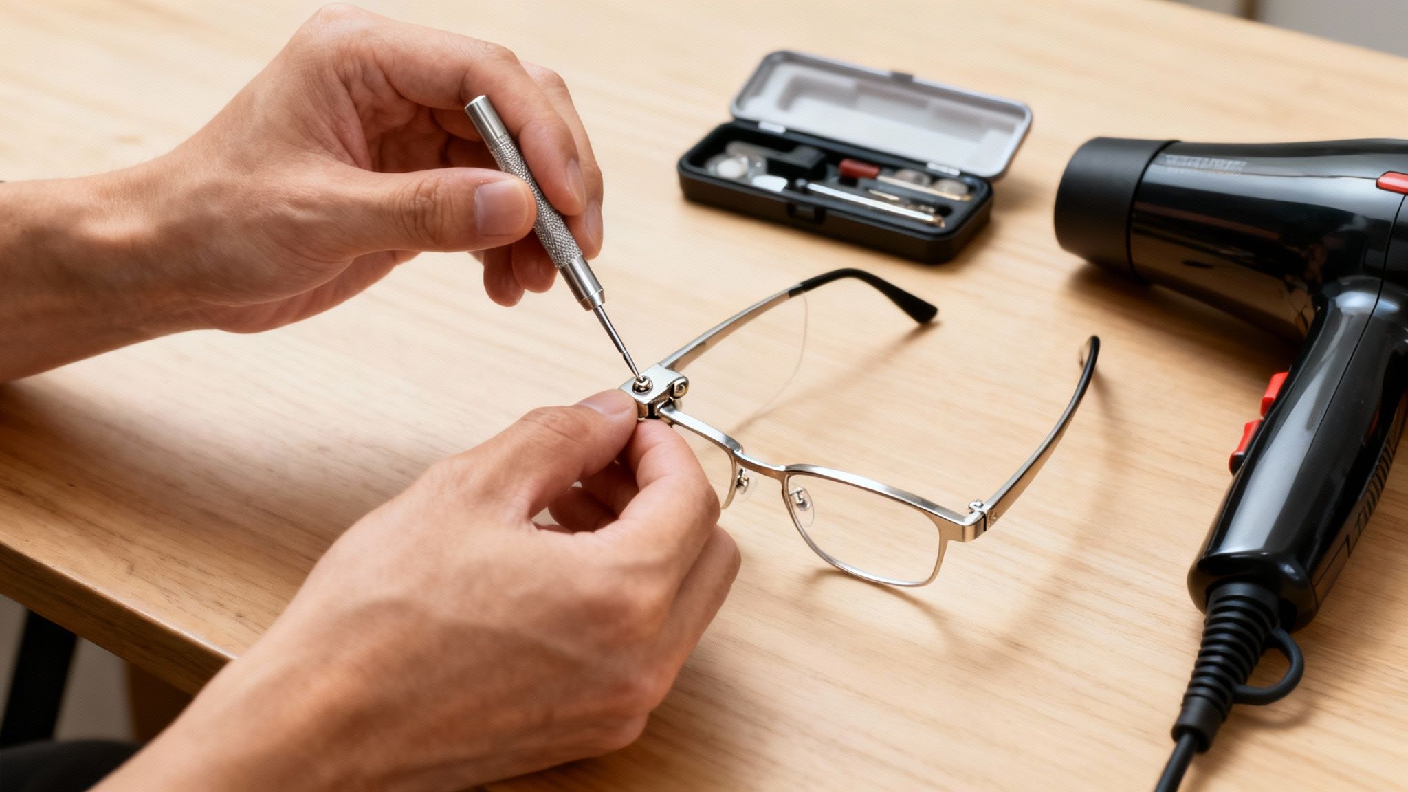 Hands using a small screwdriver to repair silver eyeglasses on a wooden table with a kit.