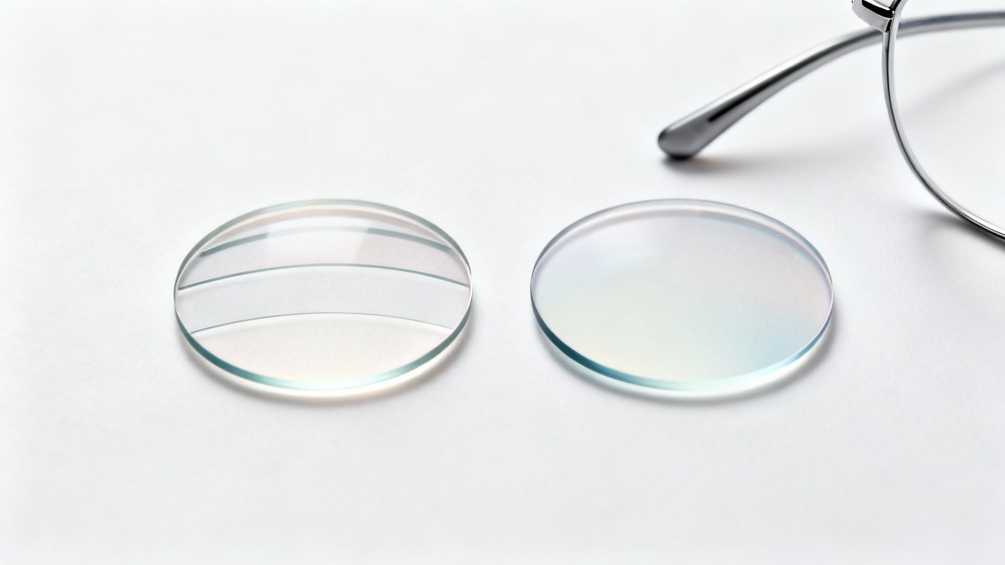 A person's eyes looking through a lens with different focal points illustrated by light rays