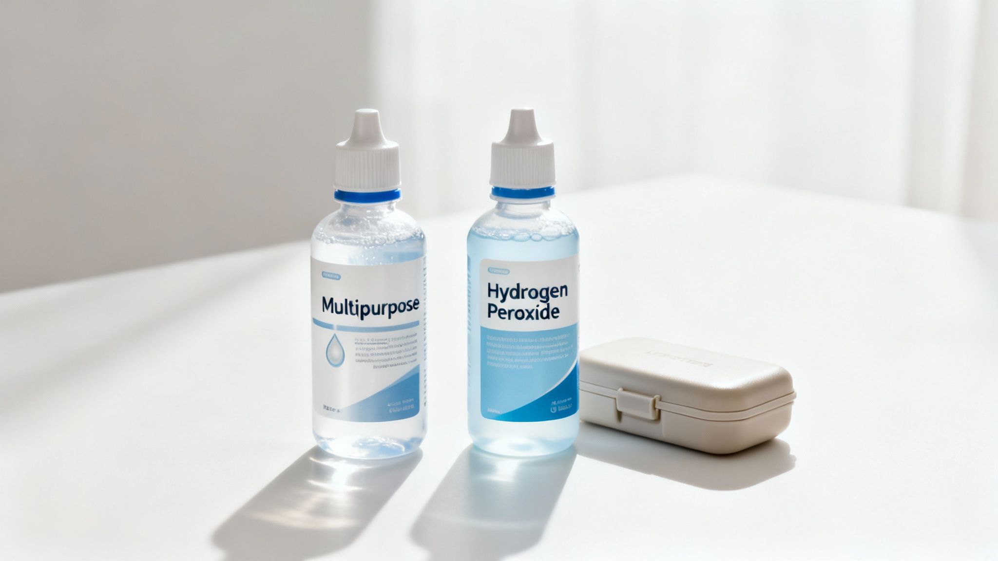 Two bottles of contact lens solution, multipurpose and hydrogen peroxide, next to a contact lens case.