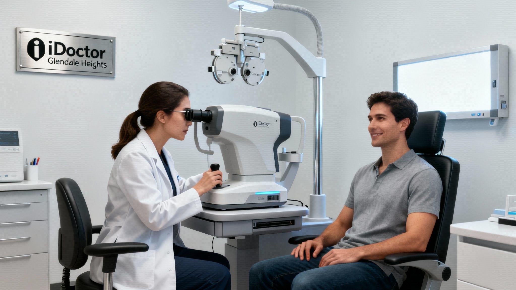 An optometrist using advanced equipment to perform a contact lens fitting for a patient.