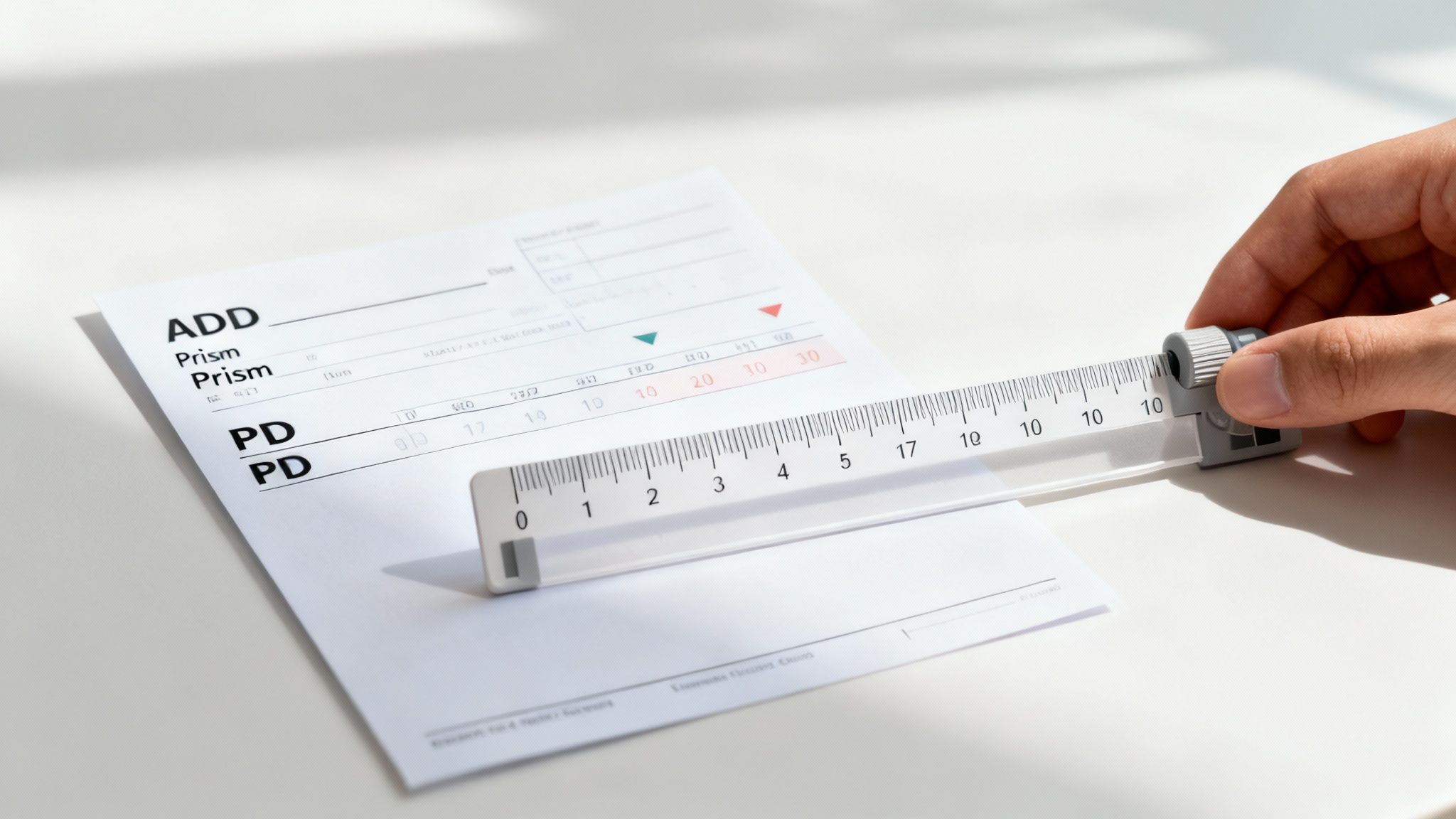 A close-up of an eyeglass prescription paper with various numbers and terms highlighted.