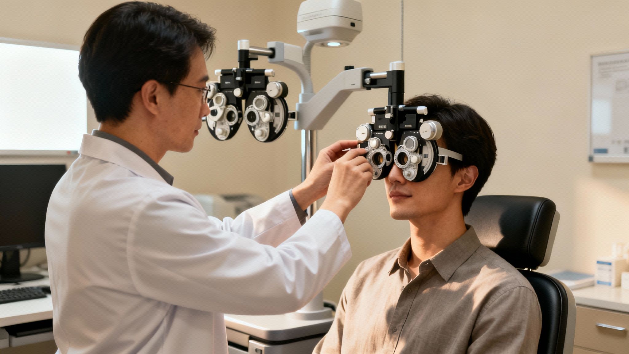 An optometrist adjusts a phoropter on a young man during an eye exam in a clinic.