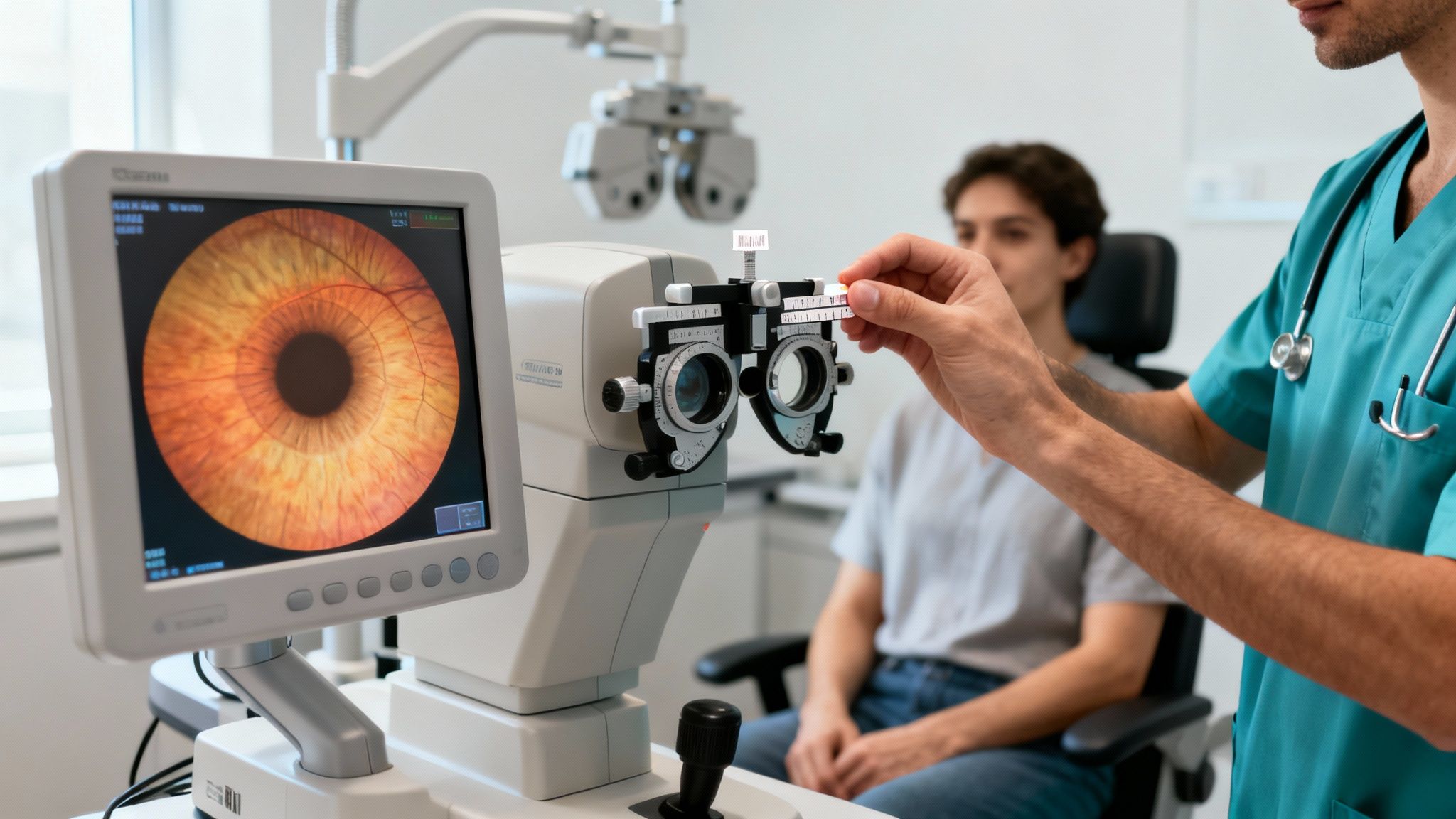 An optometrist uses a phoropter and displays a retina image on a screen during an eye exam.