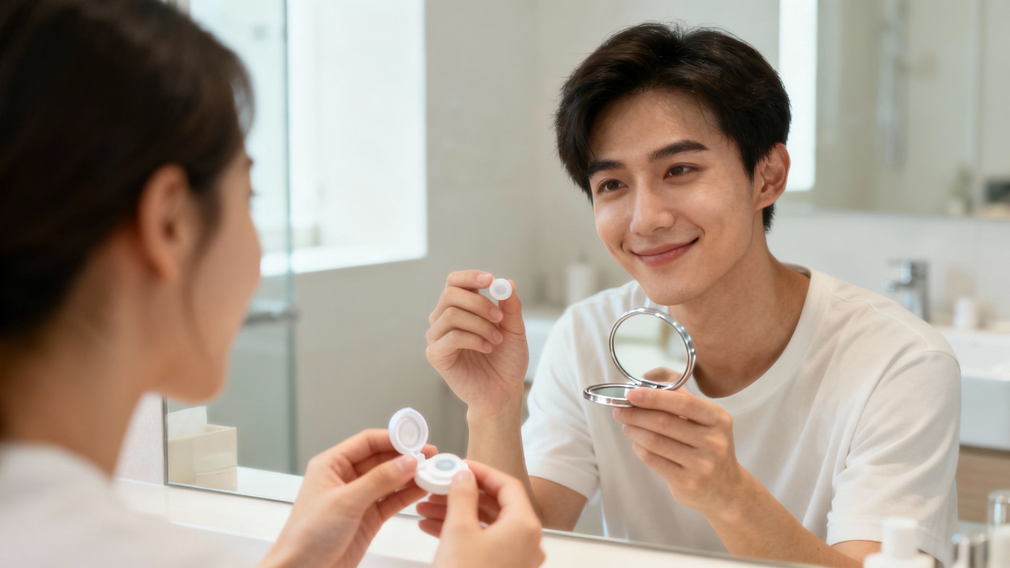 A person holding a contact lens on their index finger, ready for insertion.
