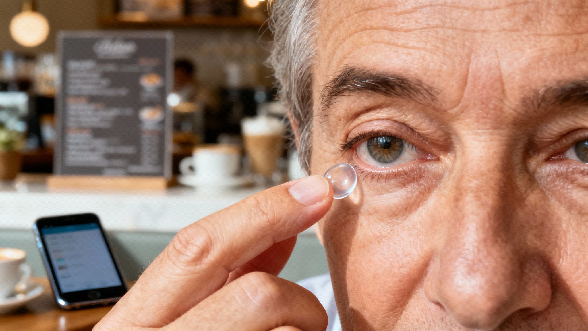 Woman smiling while putting in a contact lens