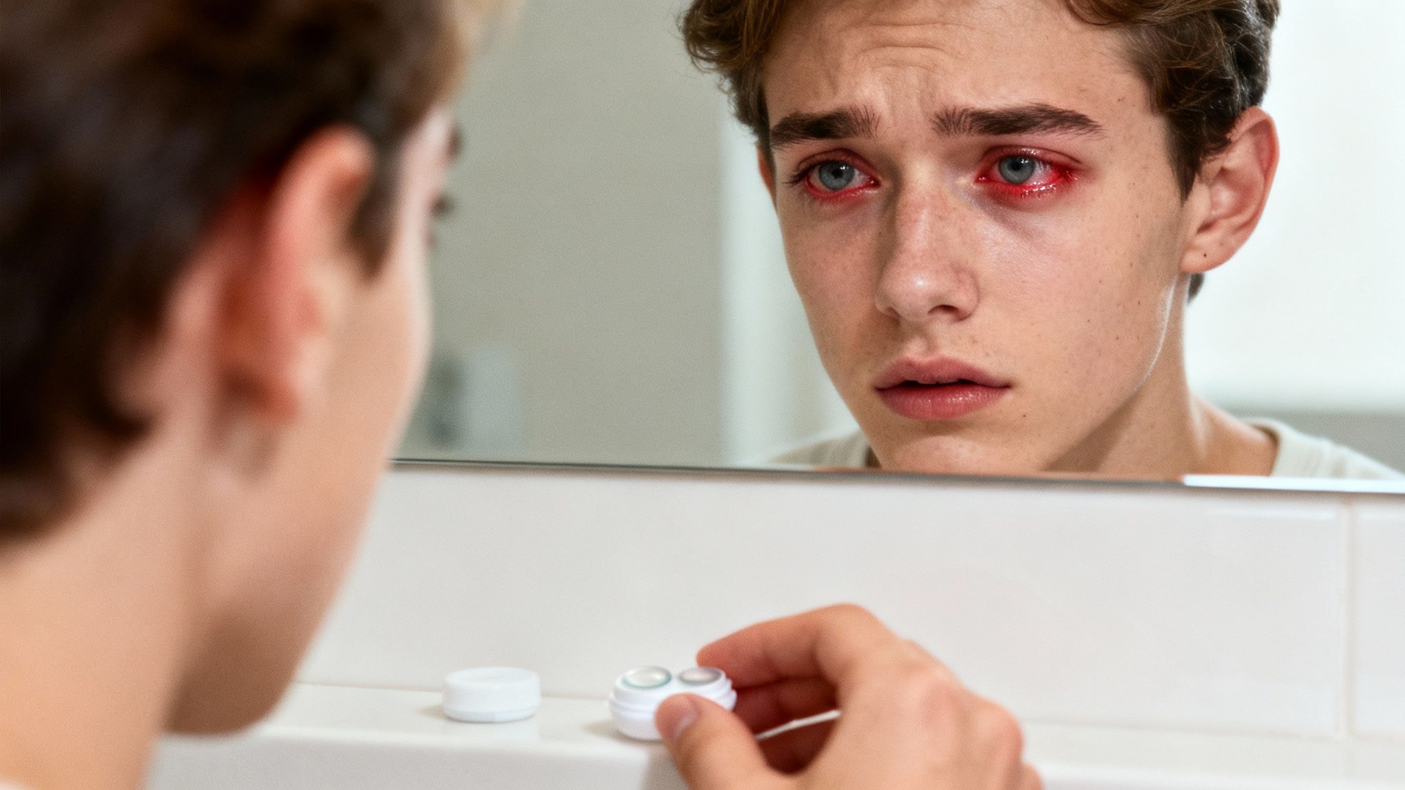 A person with severely red, irritated eyes looks at their reflection in a mirror, holding contact lenses.