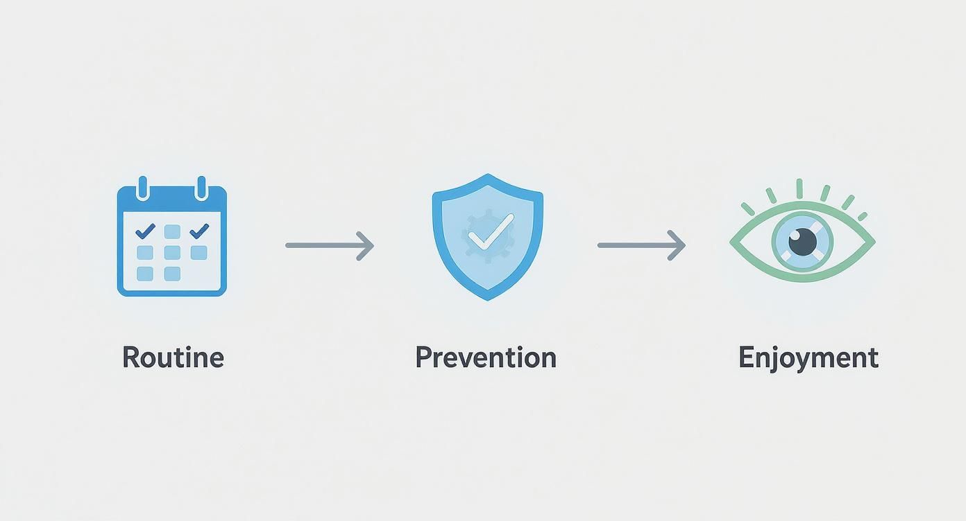 A three-step process: Routine (calendar), Prevention (shield), and Enjoyment (eye) linked by arrows.