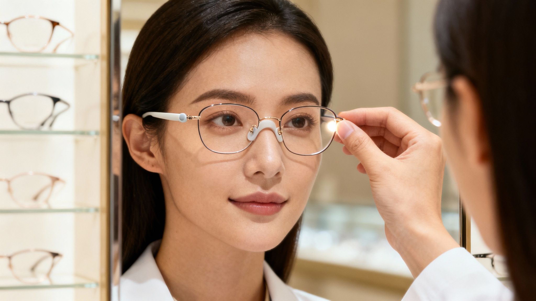 Close-up of a smiling Asian woman trying on sleek new glasses at an optician's.