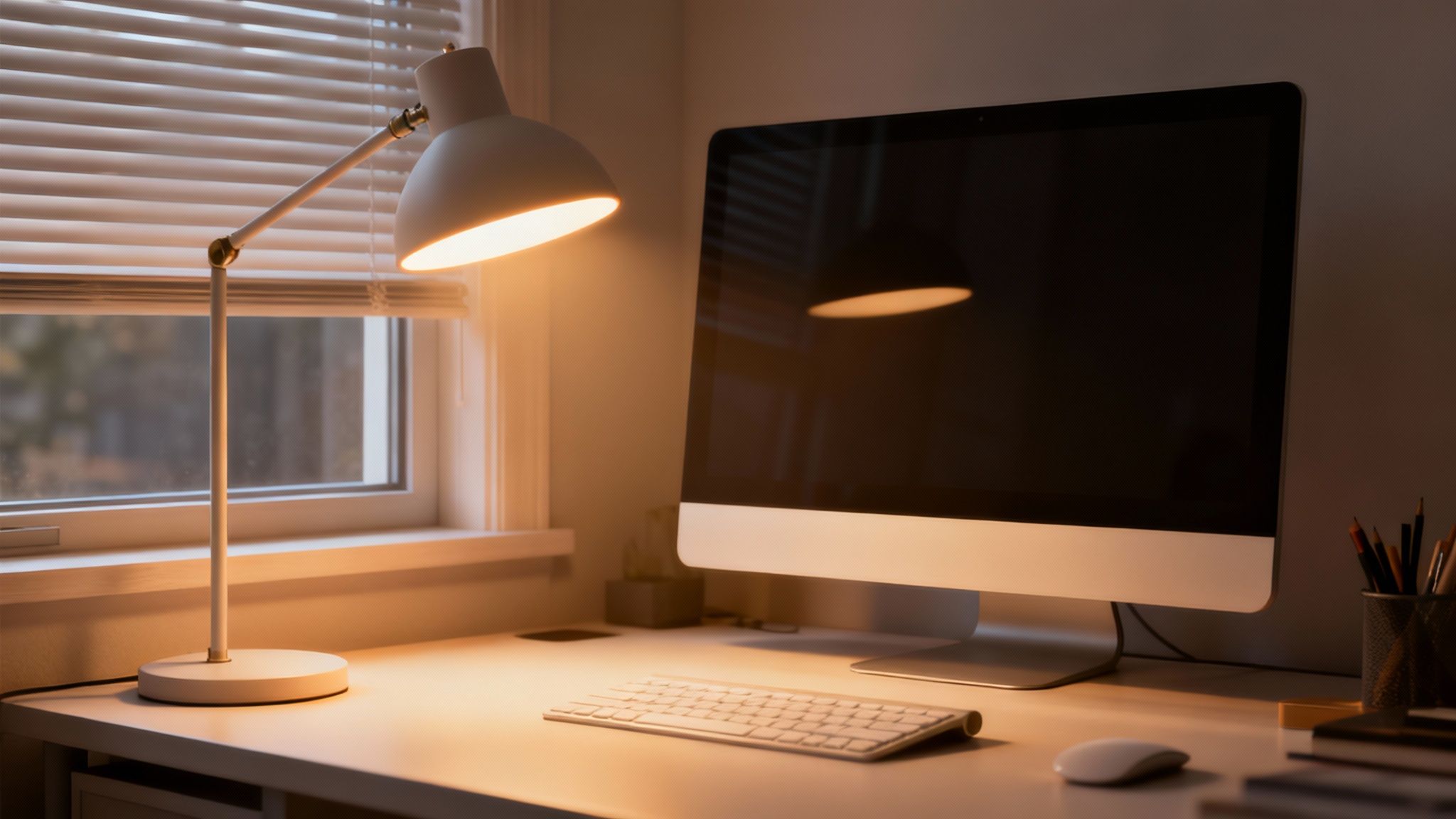 A well-organized desk setup with a monitor positioned to the side of a window to minimize screen glare.