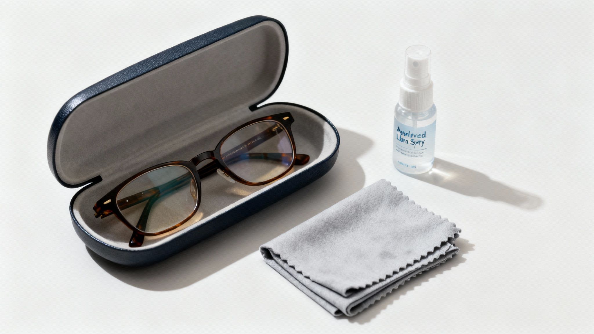 Woman carefully cleaning her eyeglasses with a microfiber cloth.