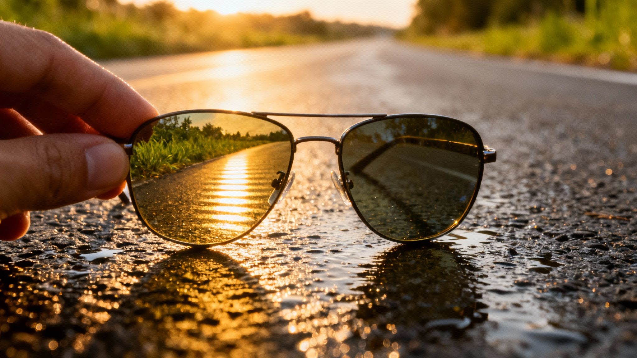 A diagram showing how a polarized lens with vertical filters blocks horizontal glare from a reflective surface, while allowing vertical light to pass through for clear vision.