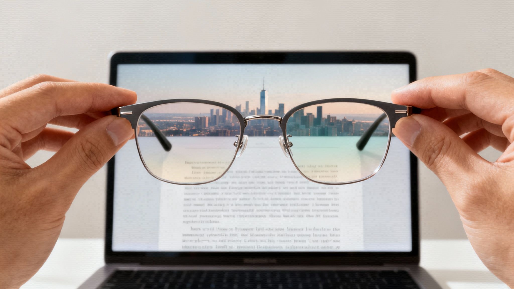 Close-up of hands holding reading glasses, with a detailed city skyline seen through the lenses.