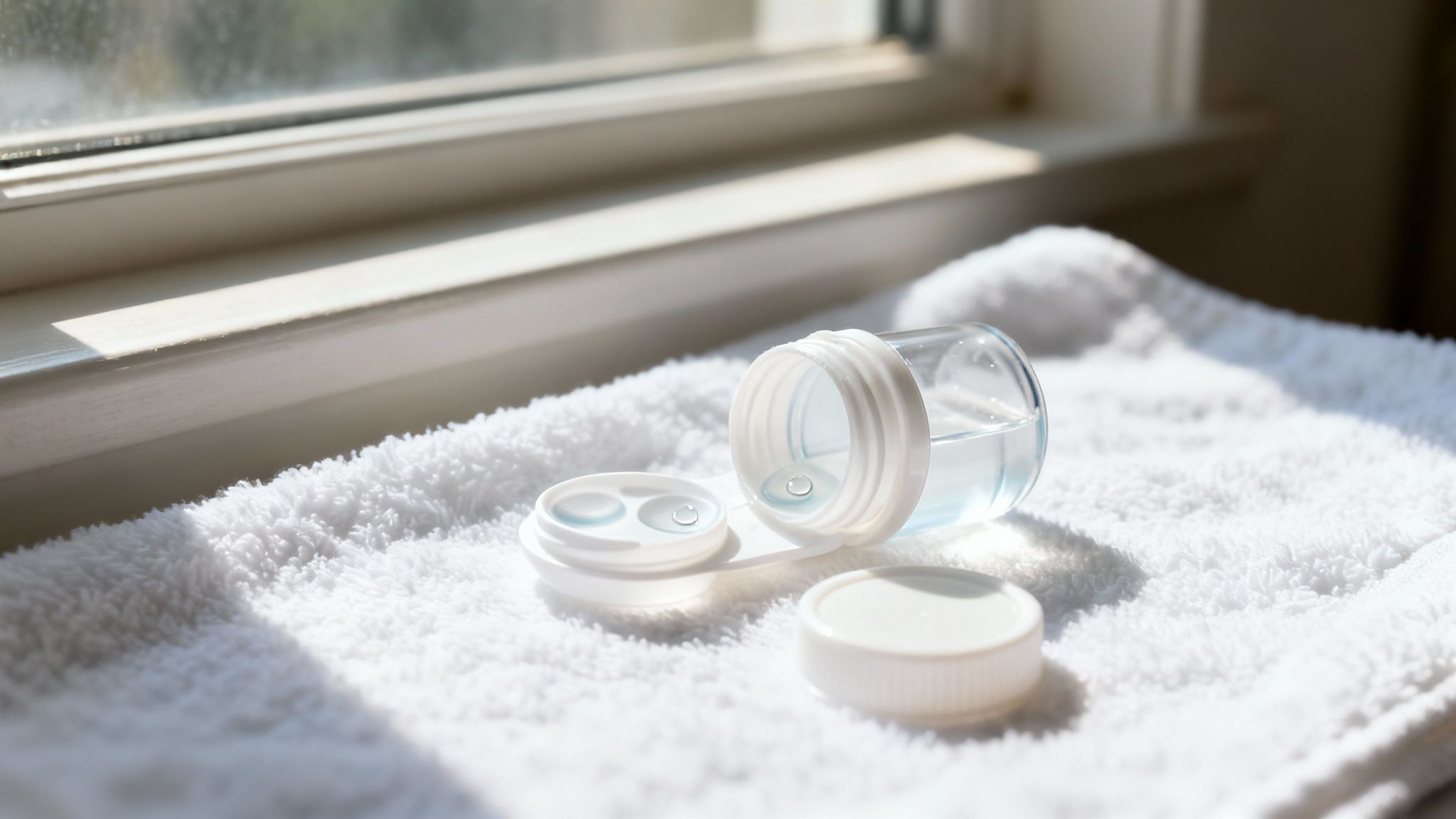 A contact lens case, two contact lenses, and a solution bottle sit on a white towel by a sunlit window.