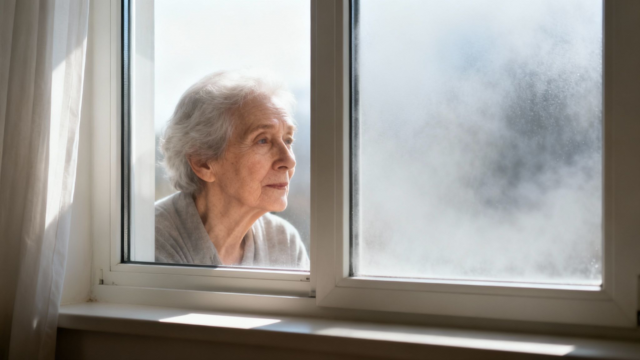 Pensive older woman with white hair looking through a sunlit window on a bright day.