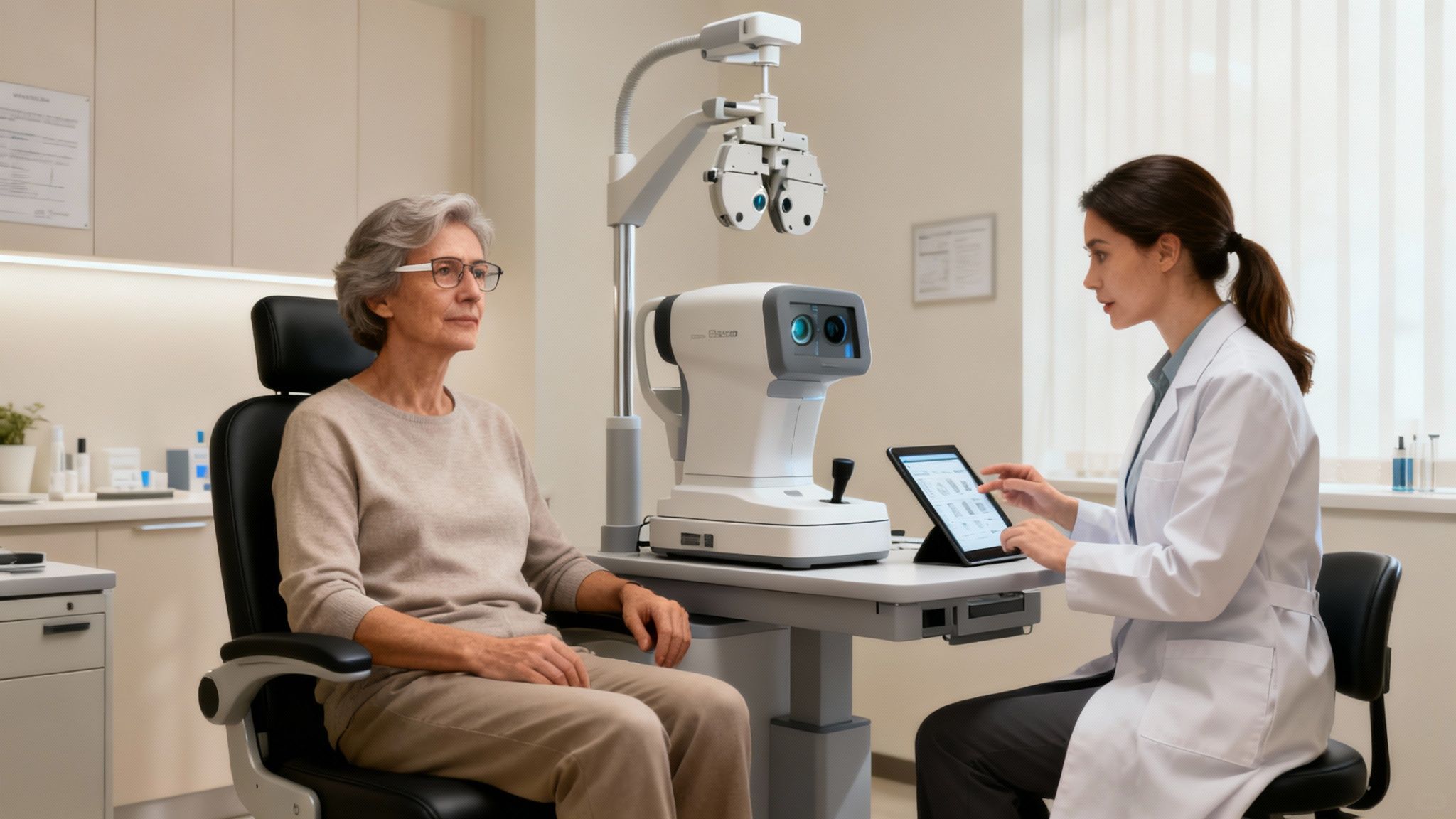 An optometrist fitting a patient with contact lenses in a modern clinic.