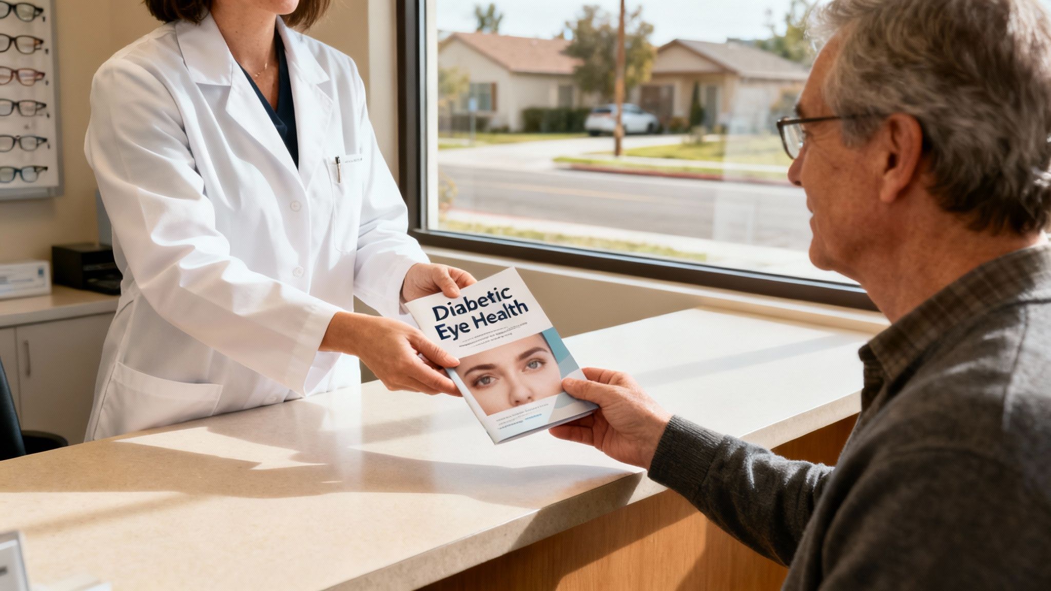 A healthcare professional gives a 'Diabetic Eye Health' brochure to an older male patient.