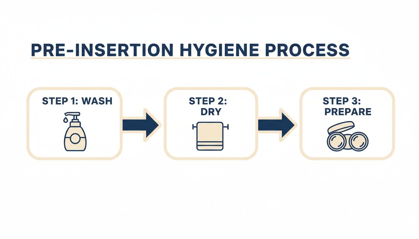 Flowchart illustrating the three-step pre-insertion hygiene process: wash hands, dry hands, and prepare contact lenses.