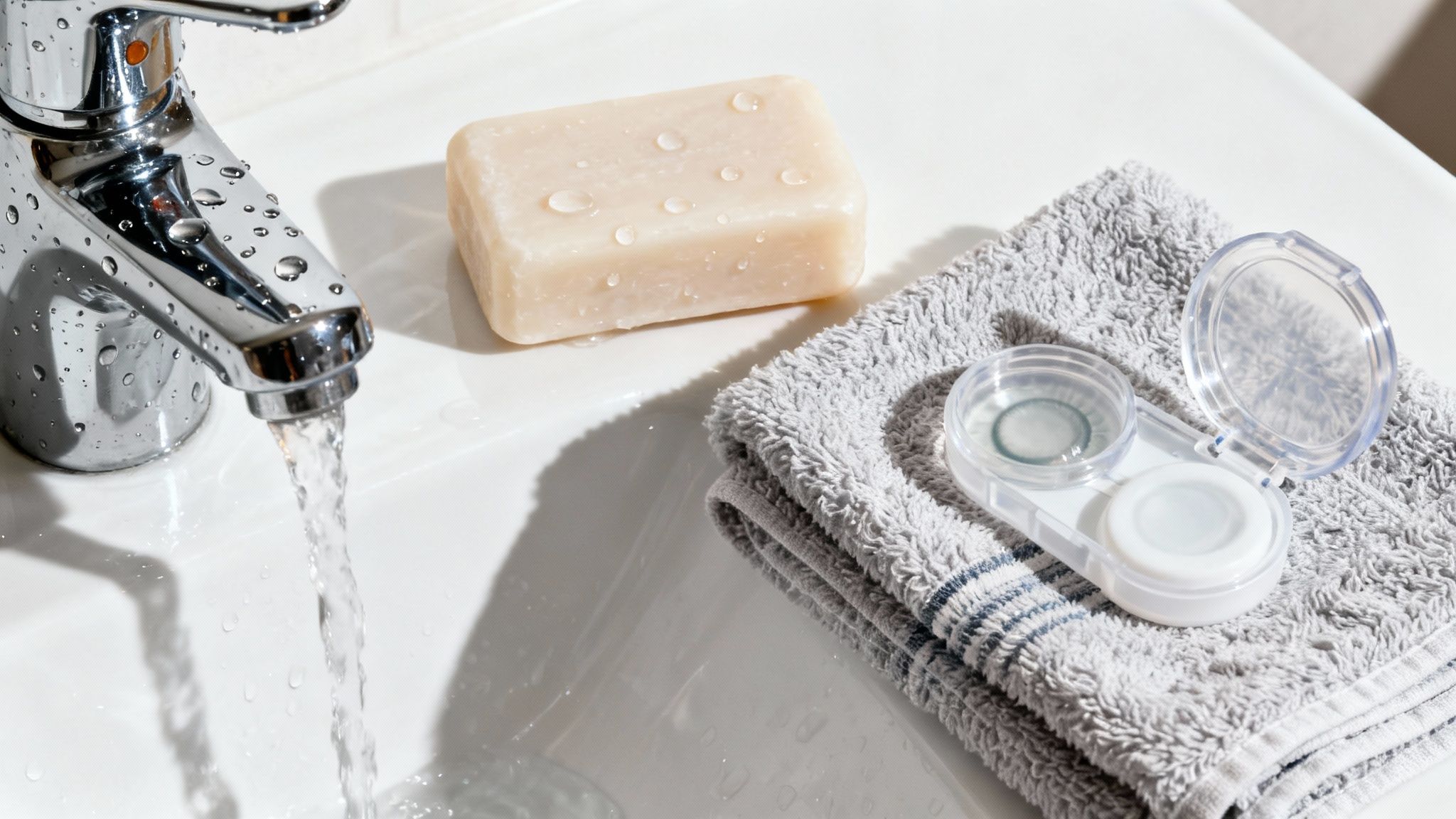 A person washing their hands thoroughly with soap and water over a clean sink.