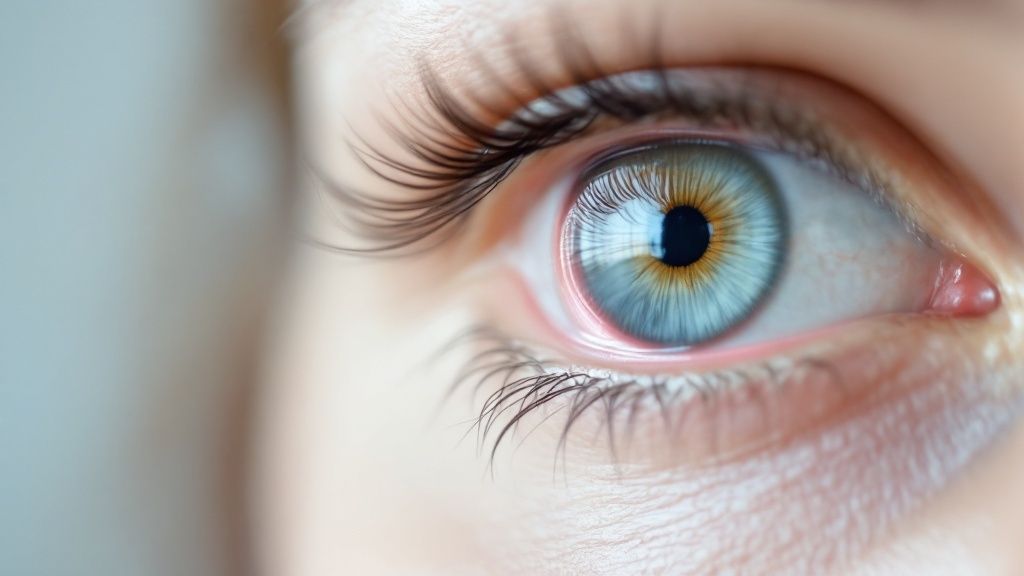 A close-up image showing a person's eye looking tired and dry, with a contact lens visible.
