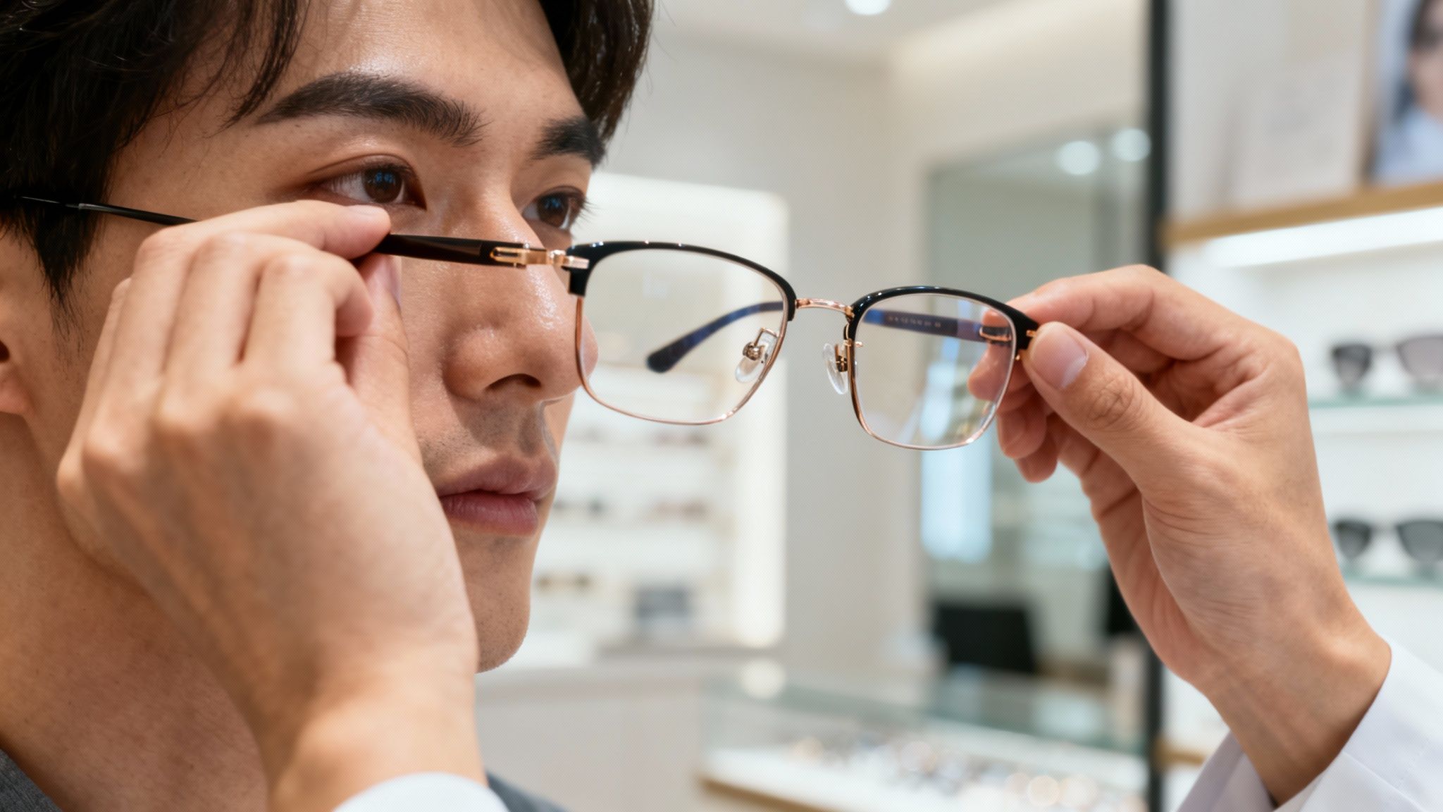 Close-up of a man trying on new black and gold eyeglasses in an optical store.