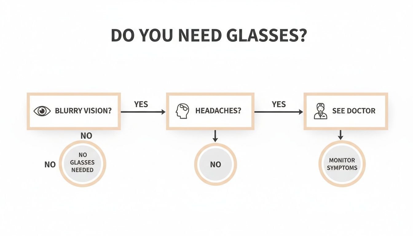 Flowchart on needing glasses: asks about blurry vision, headaches, leading to seeing a doctor or monitoring symptoms.