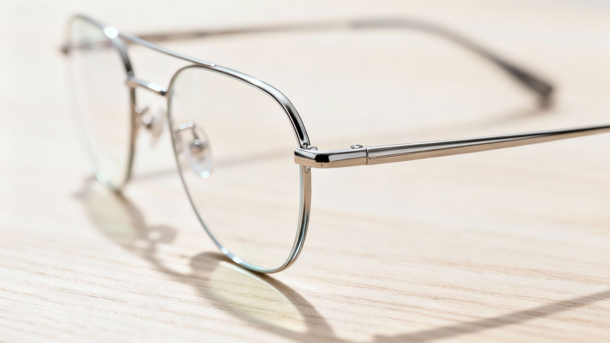 Modern metal frame eyeglasses with clear lenses resting on wooden surface showing hinge detail
