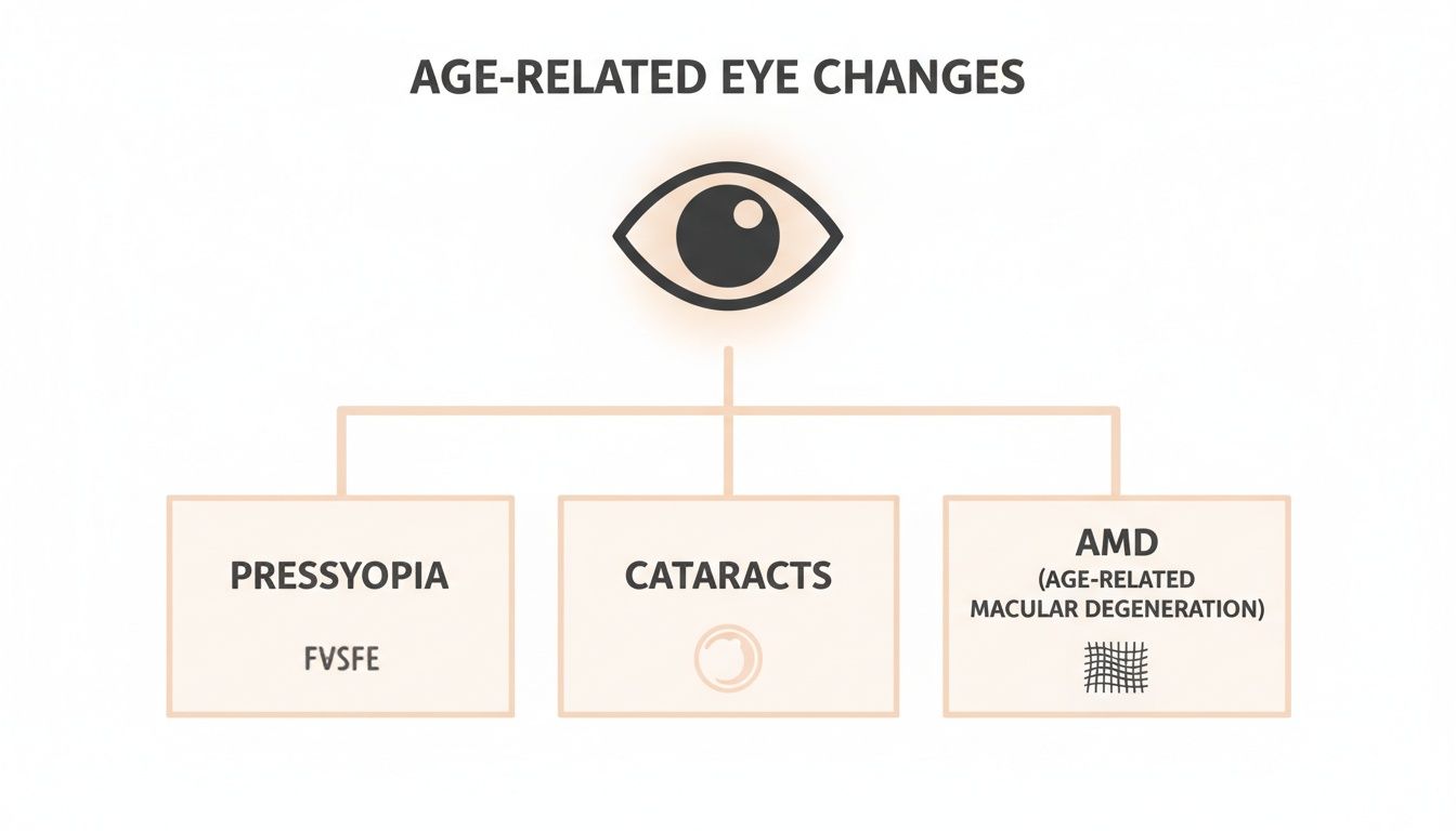 Flowchart illustrating age-related eye changes, including presbyopia, cataracts, and age-related macular degeneration (AMD).
