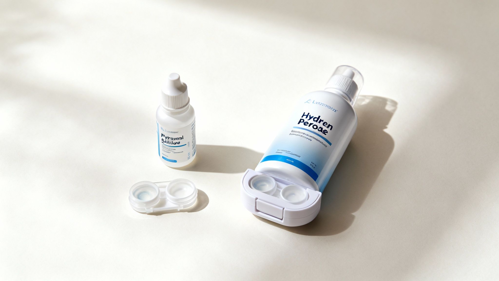 Contact lens solution bottle, multipurpose solution, and lens case arranged on white surface